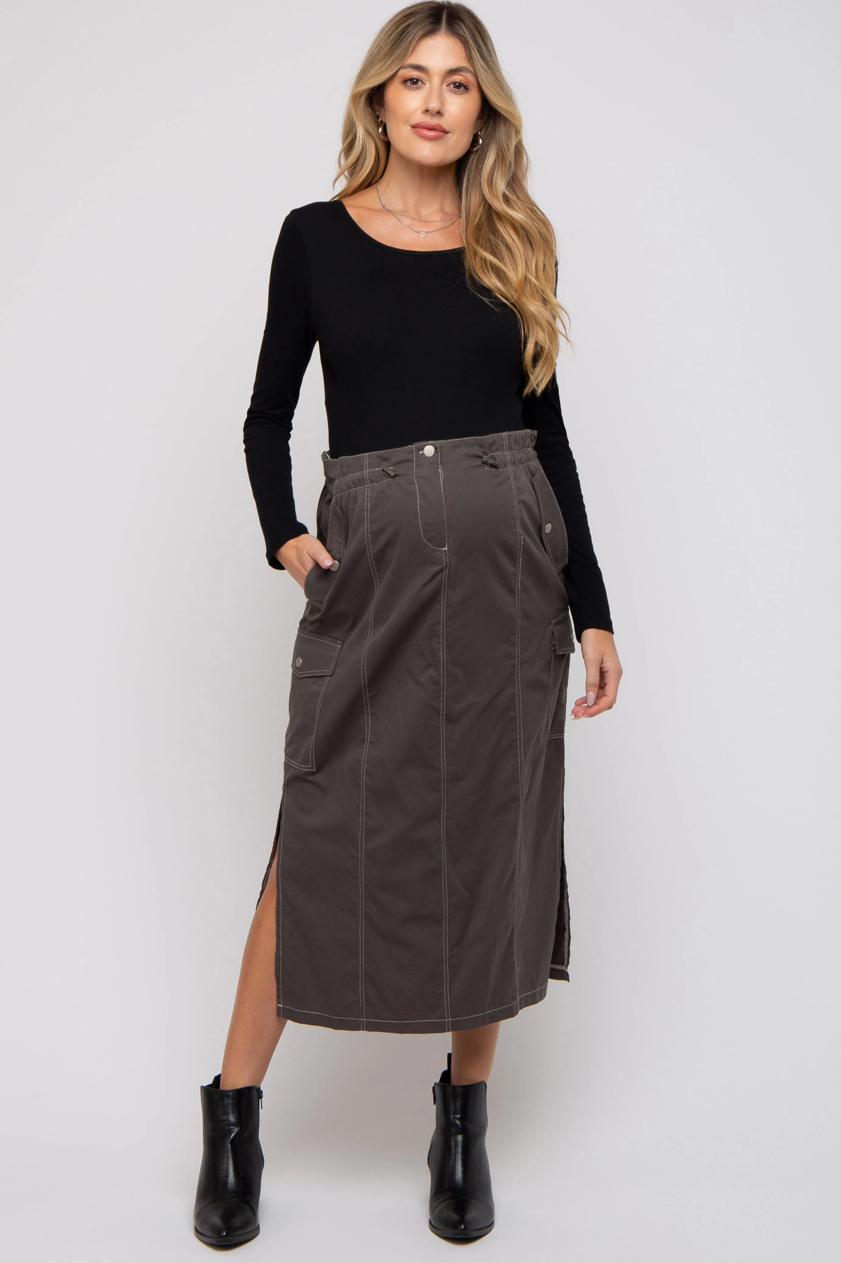 Charcoal Cargo Cinched Maternity Midi Skirt sold by Pinkblush
