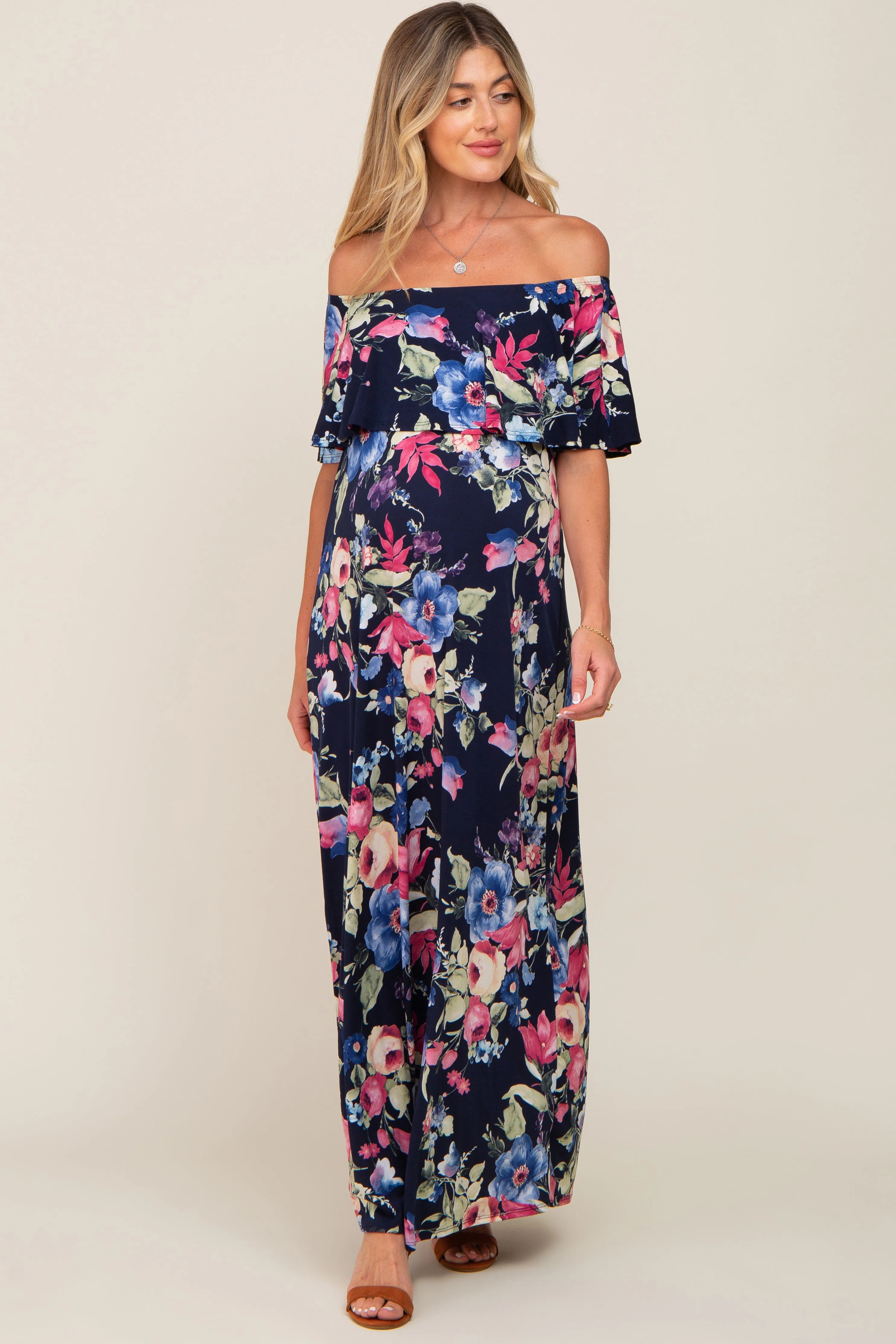 Navy Floral Off Shoulder Flounce Maternity Maxi Dress sold by Pinkblush product image thumbnail 4