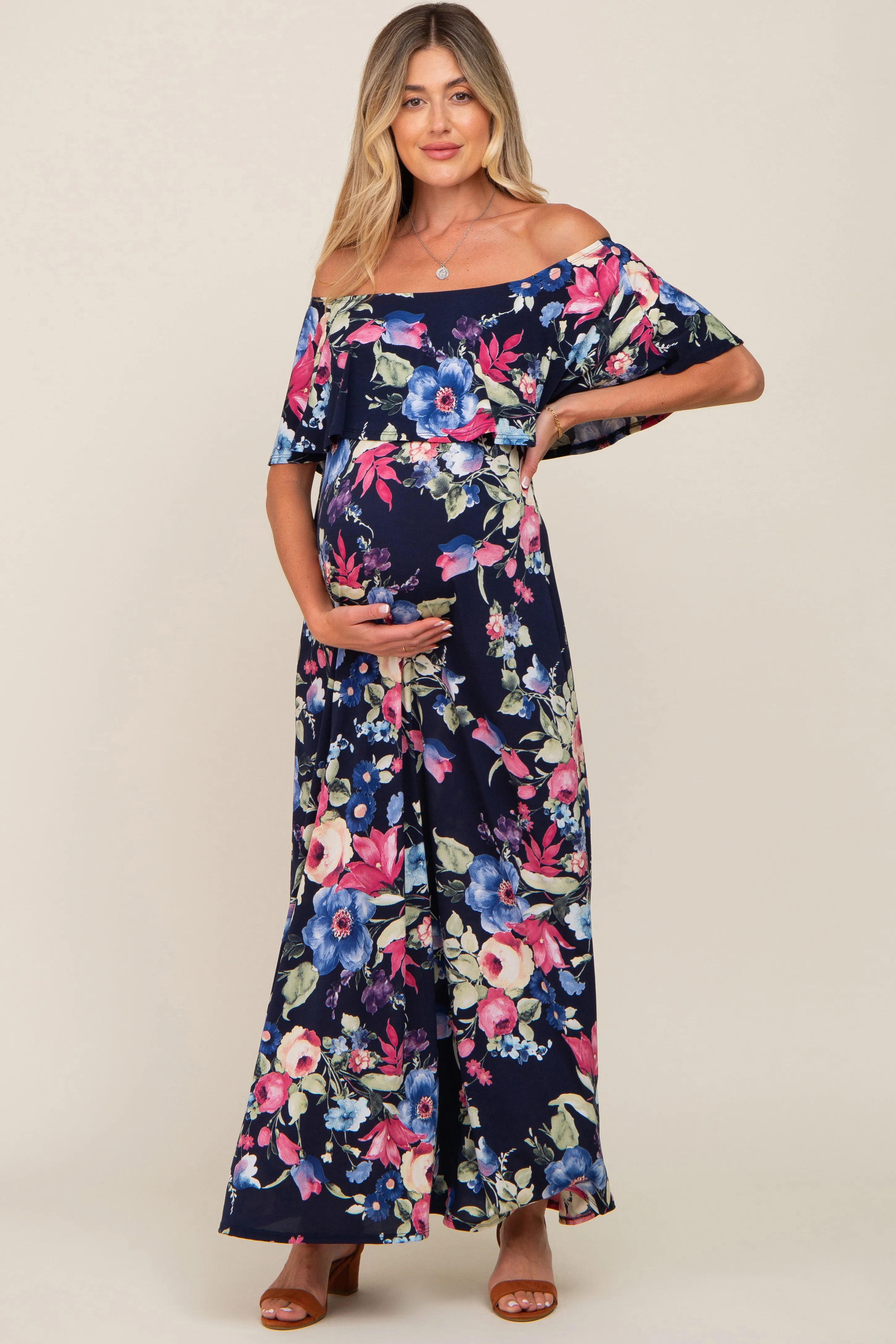 Navy Floral Off Shoulder Flounce Maternity Maxi Dress sold by Pinkblush