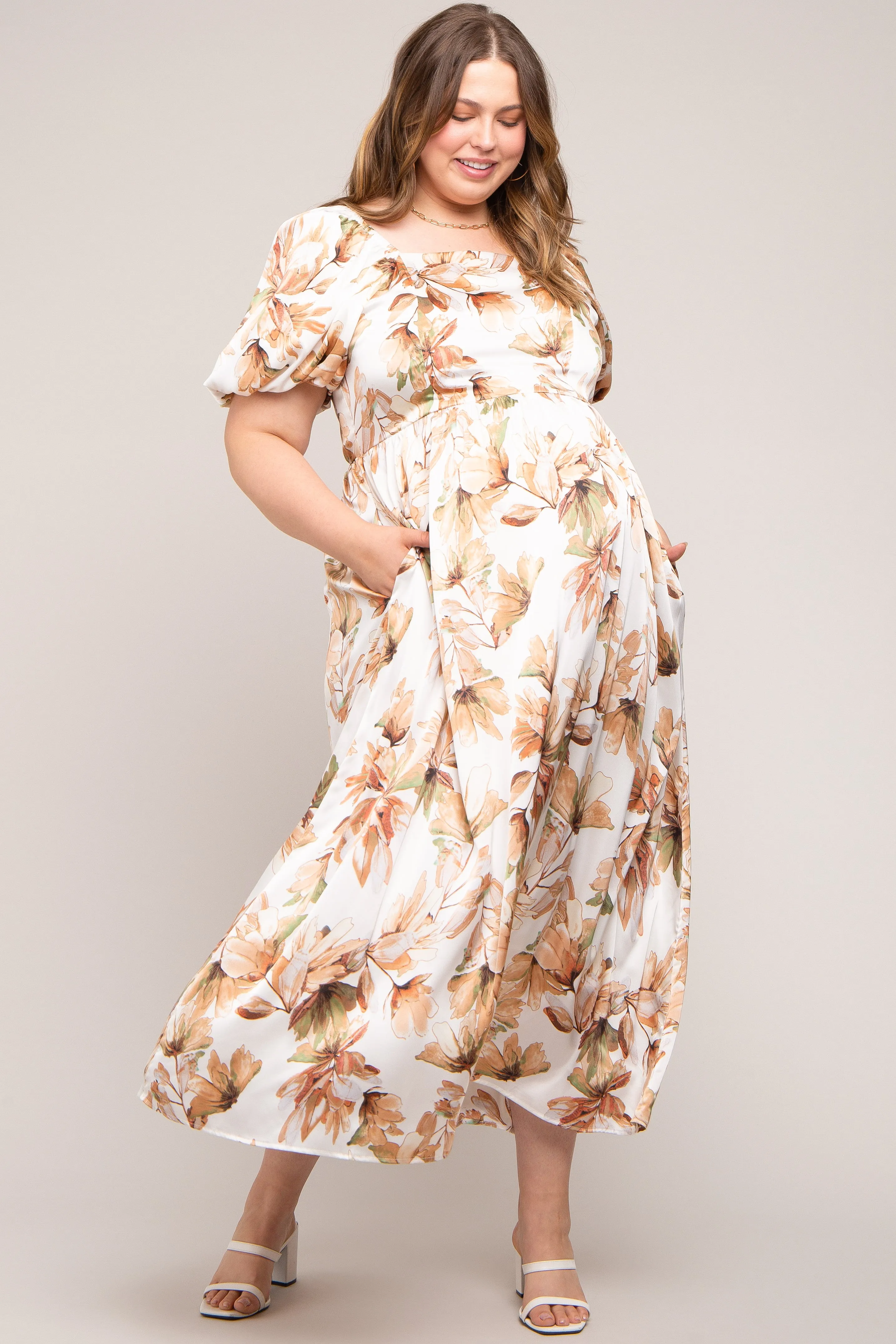 Cream Floral Satin Puff Sleeve Maternity Plus Maxi Dress sold by Pinkblush product image thumbnail 4