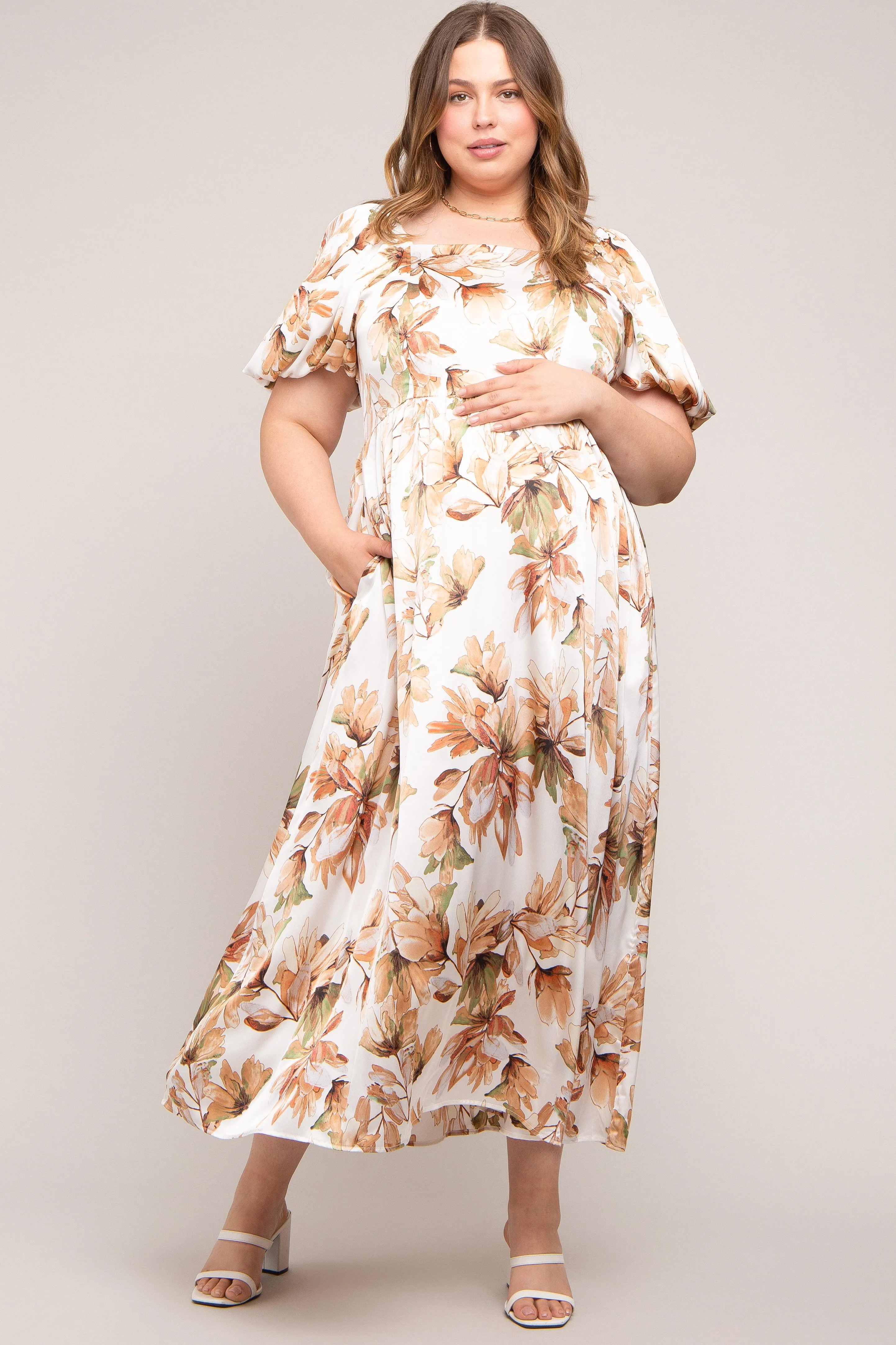 Cream Floral Satin Puff Sleeve Maternity Plus Maxi Dress sold by Pinkblush