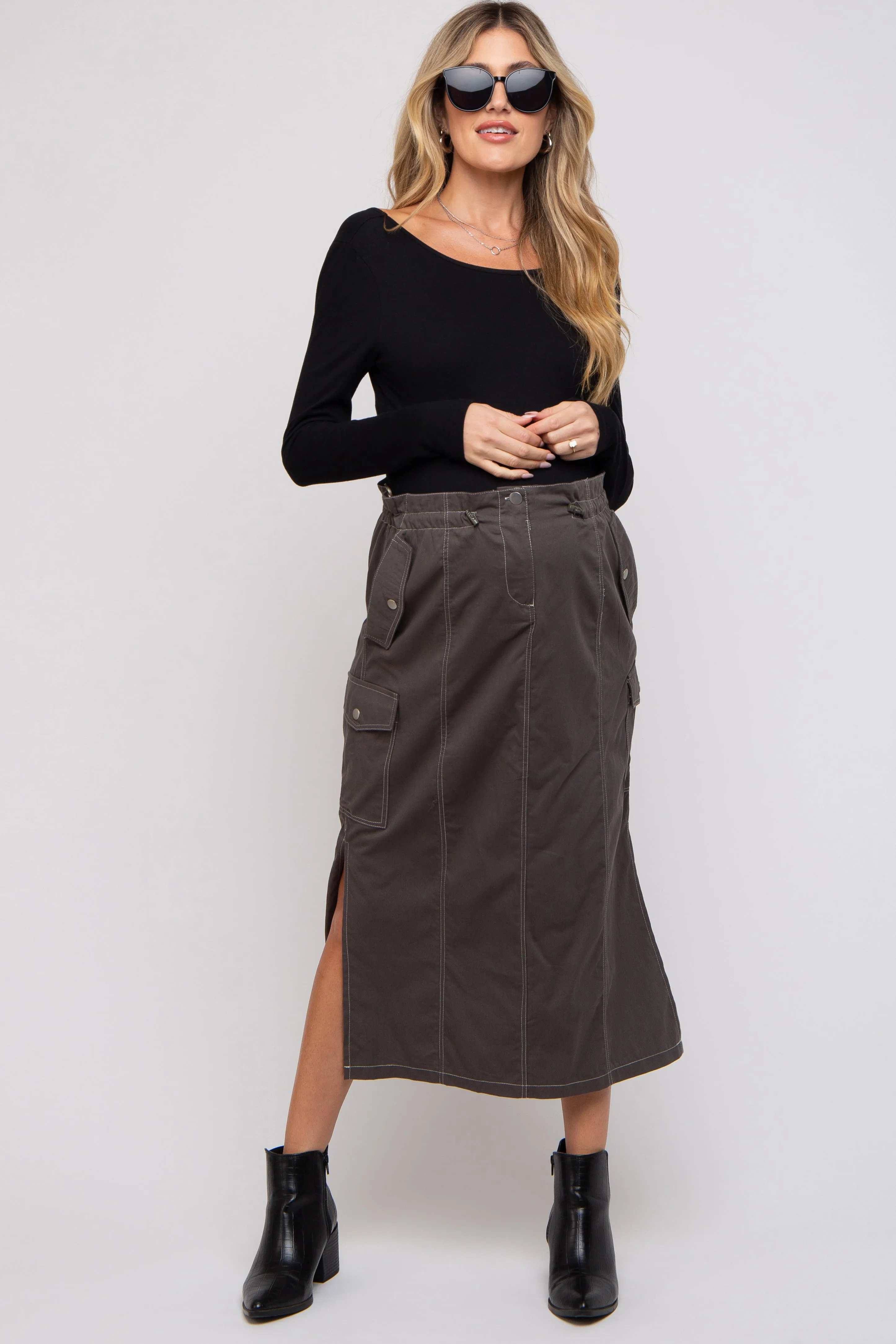 Charcoal Cargo Cinched Maternity Midi Skirt sold by Pinkblush product image thumbnail 2