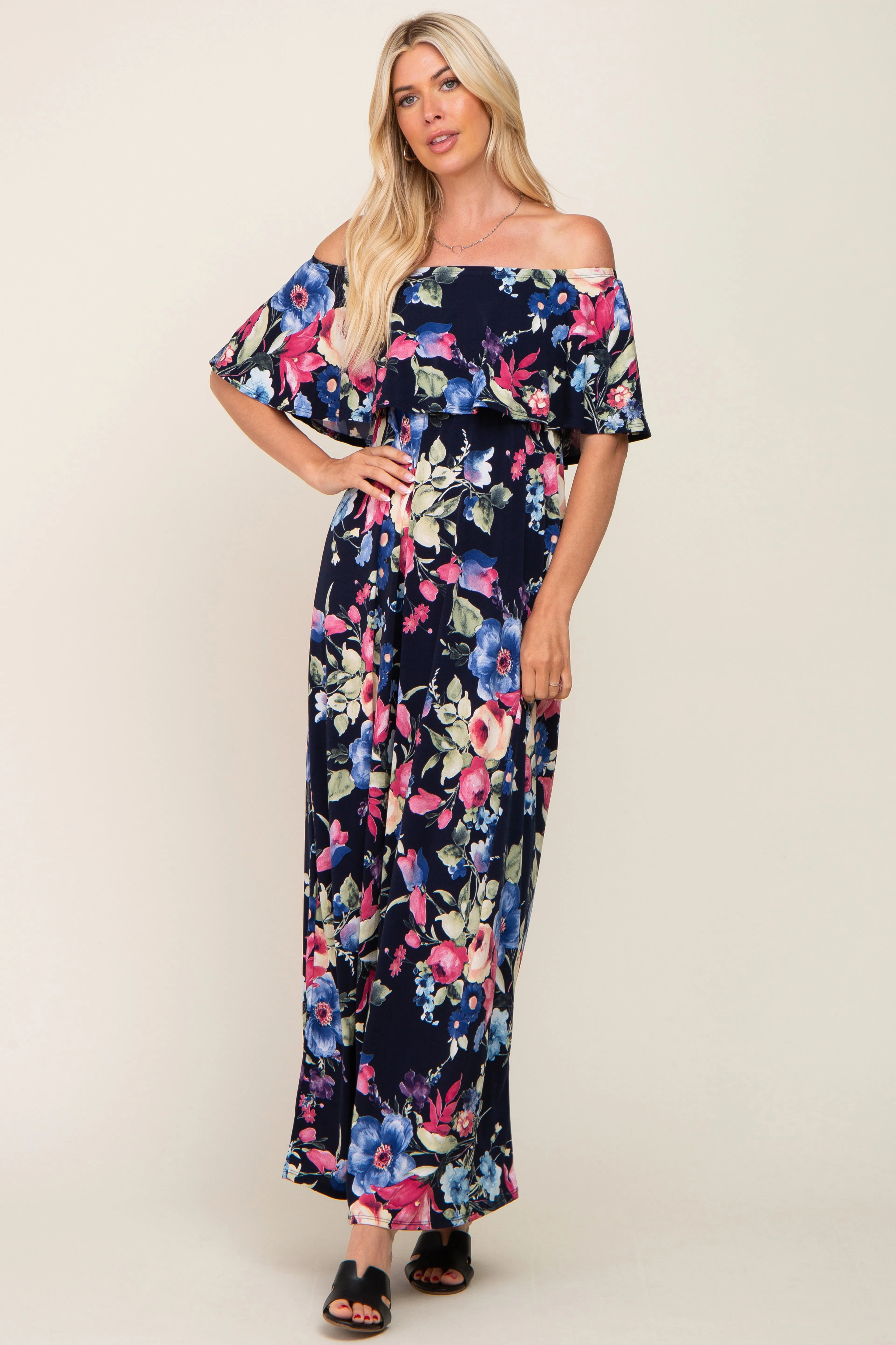 Navy Floral Off Shoulder Flounce Maternity Maxi Dress sold by Pinkblush product image thumbnail 5