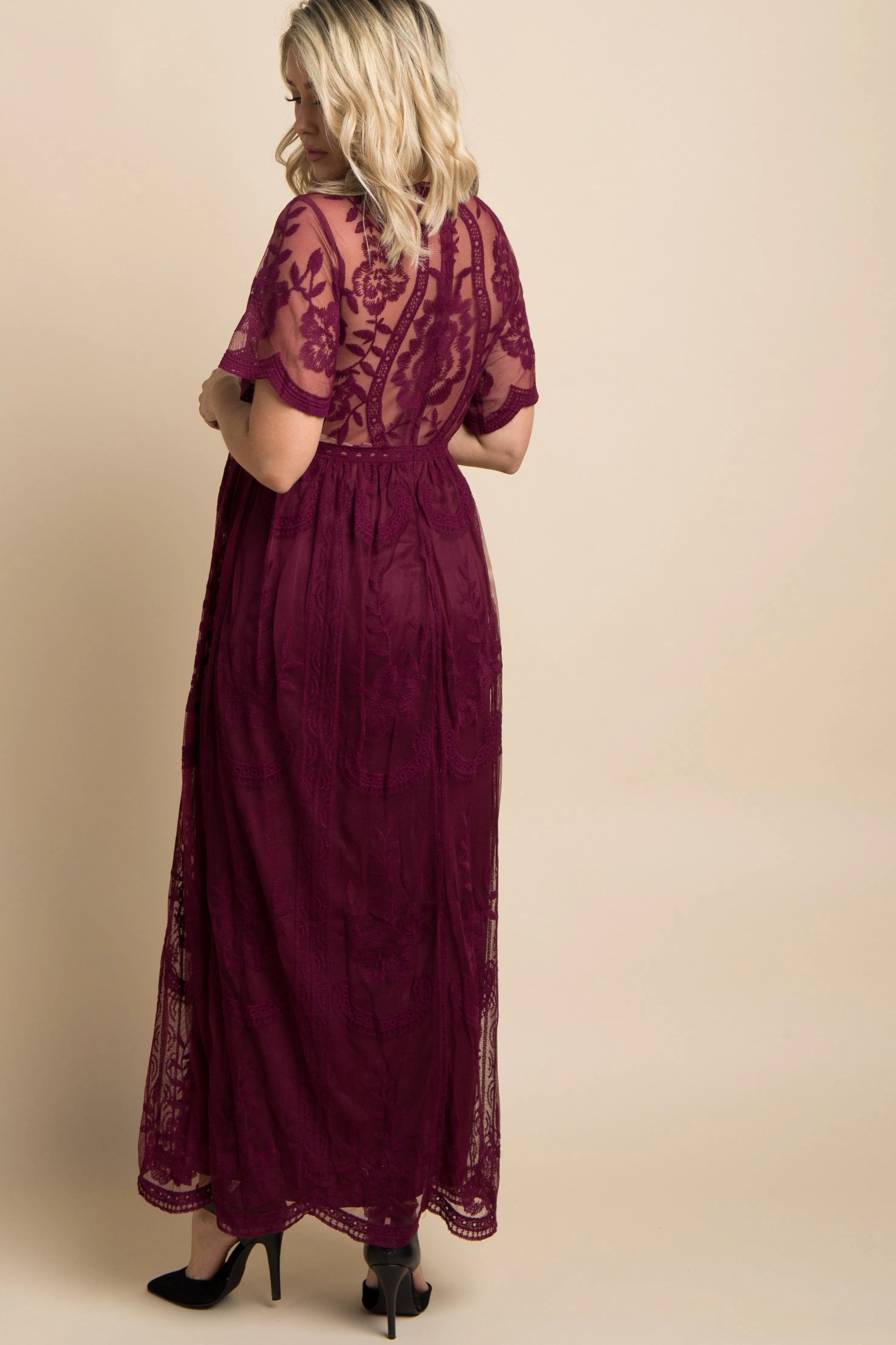 Burgundy Lace Mesh Overlay Maternity Maxi Dress sold by Pinkblush product image thumbnail 2