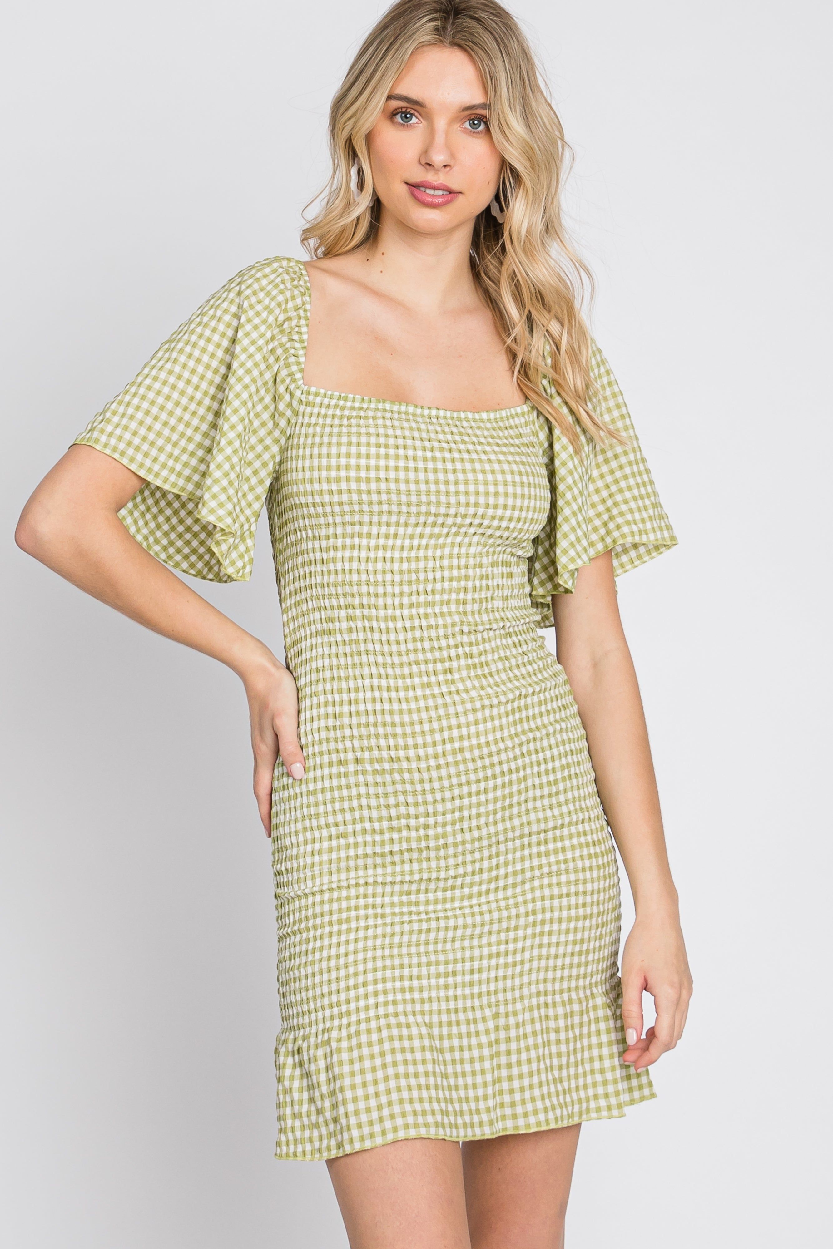 Light Olive Gingham Smocked Mini Dress sold by Pinkblush product image thumbnail 4
