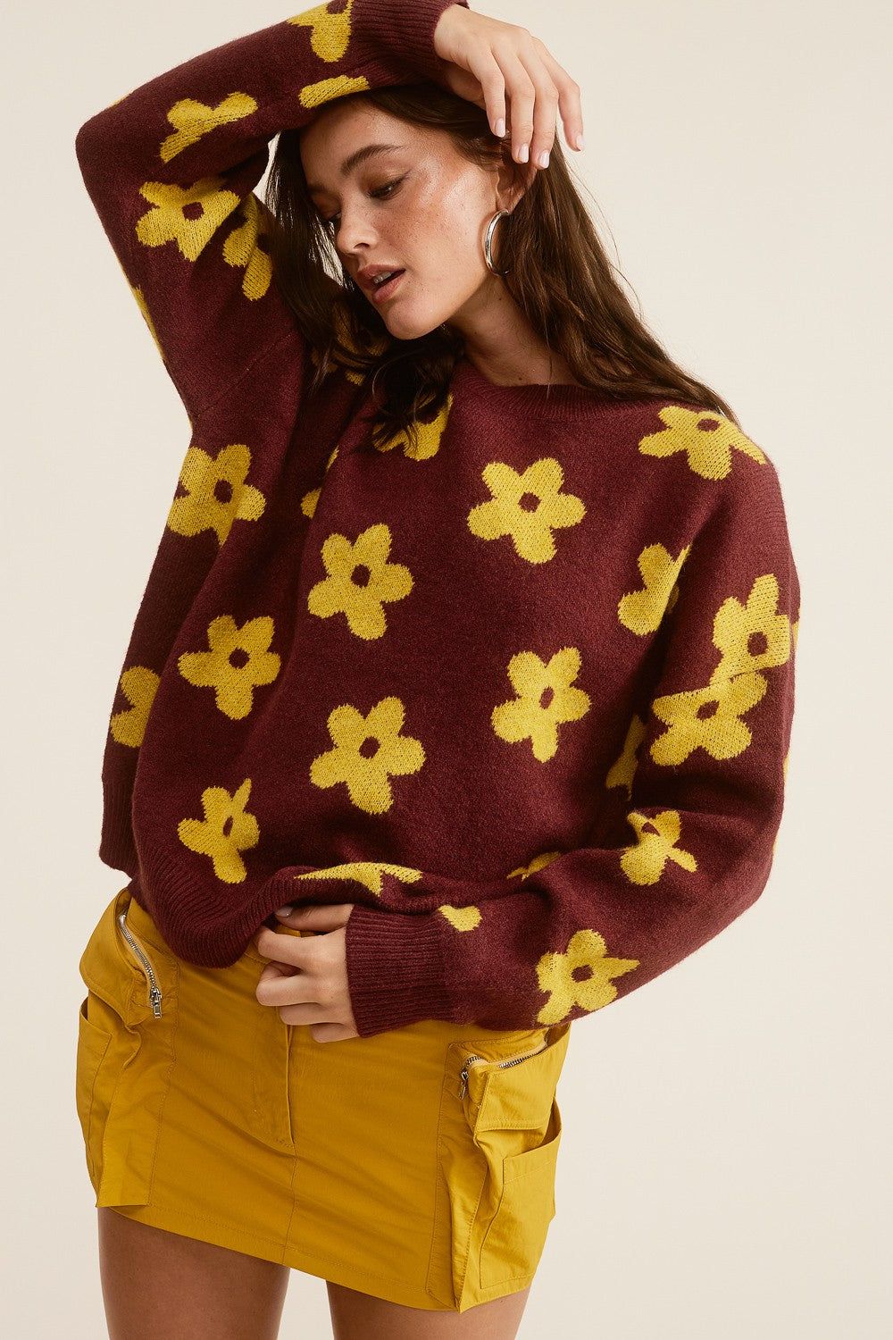 Burgundy Flower Sweater sold by Pinkblush