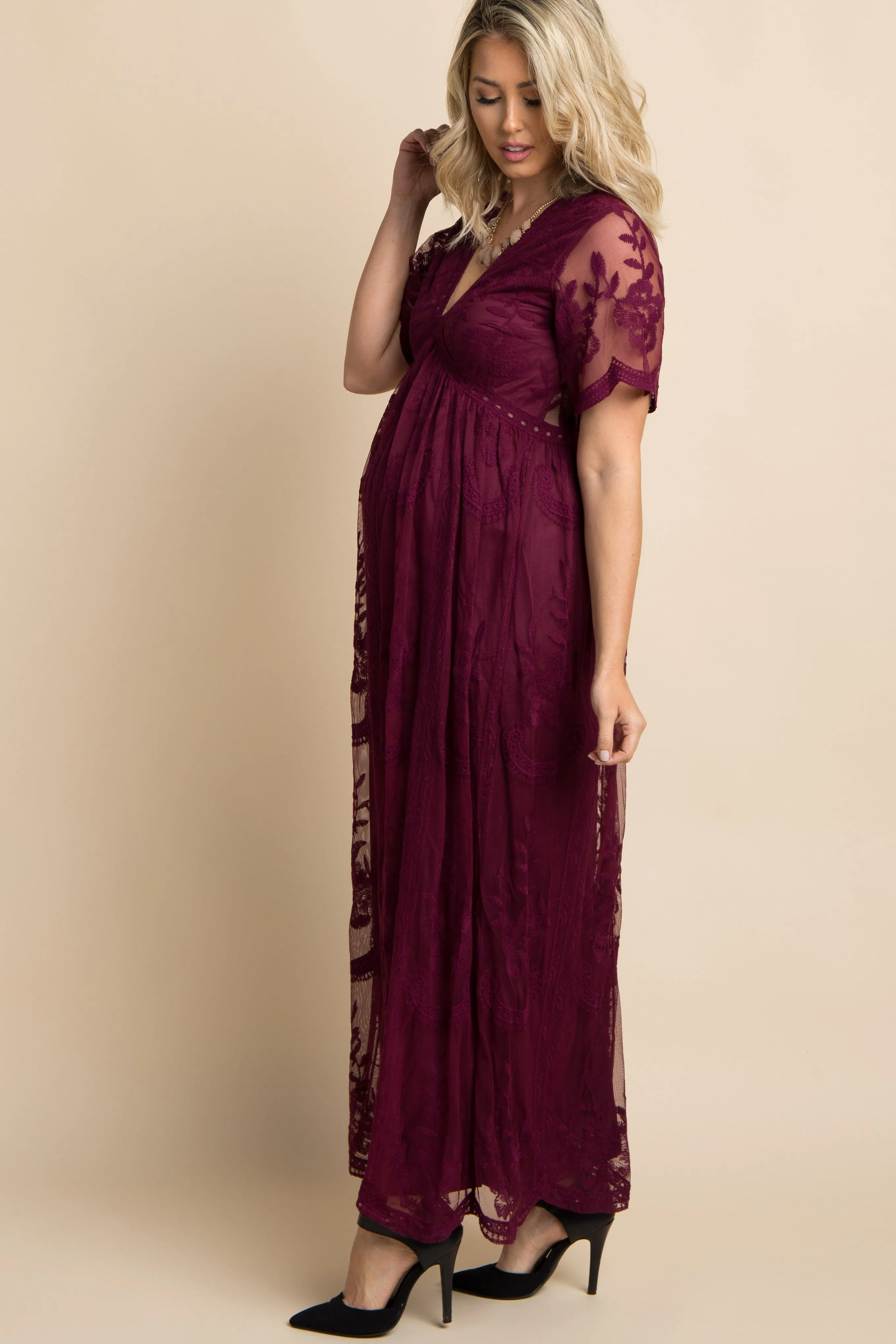 Burgundy Lace Mesh Overlay Maternity Maxi Dress sold by Pinkblush product image thumbnail 3
