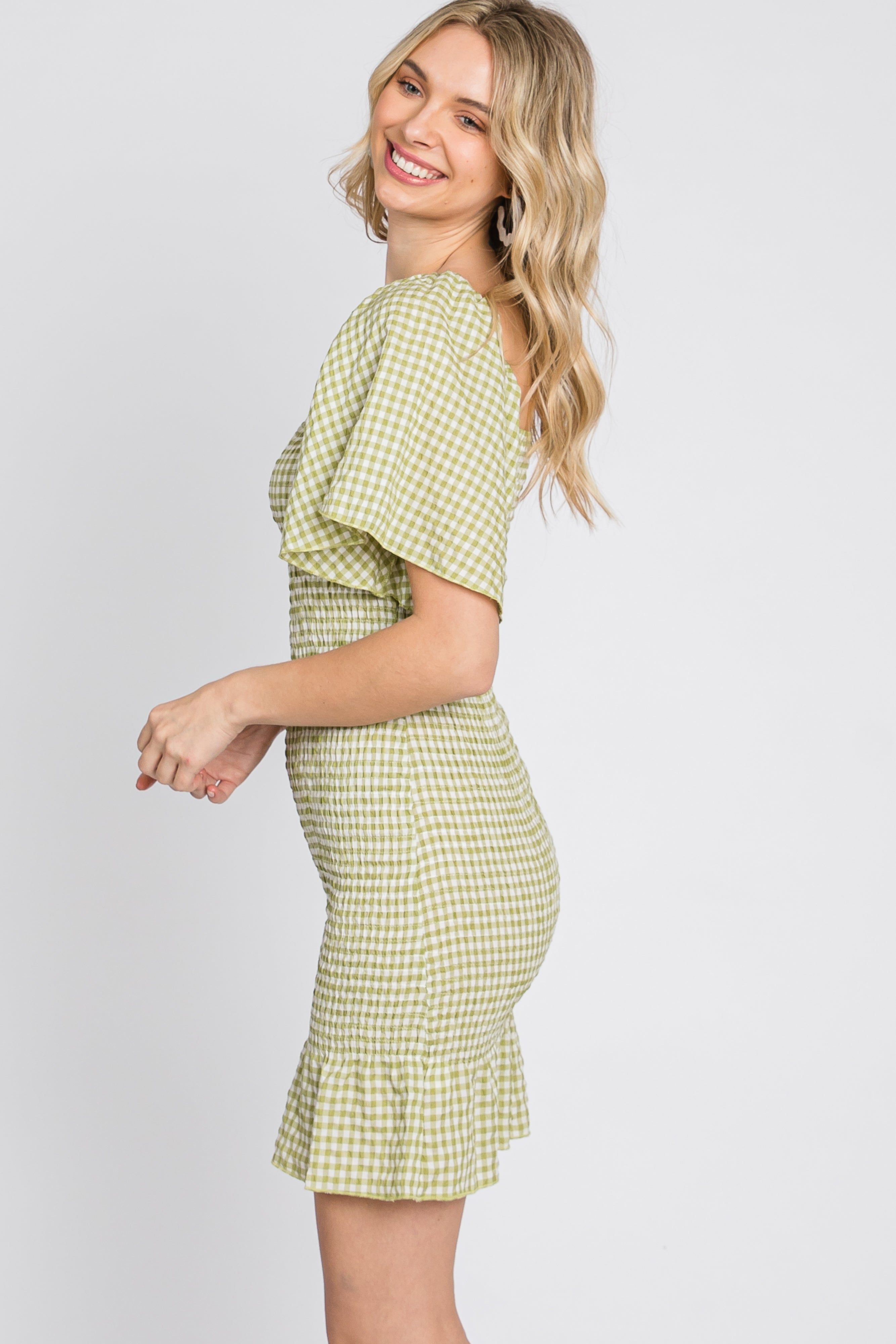 Light Olive Gingham Smocked Mini Dress sold by Pinkblush product image thumbnail 5