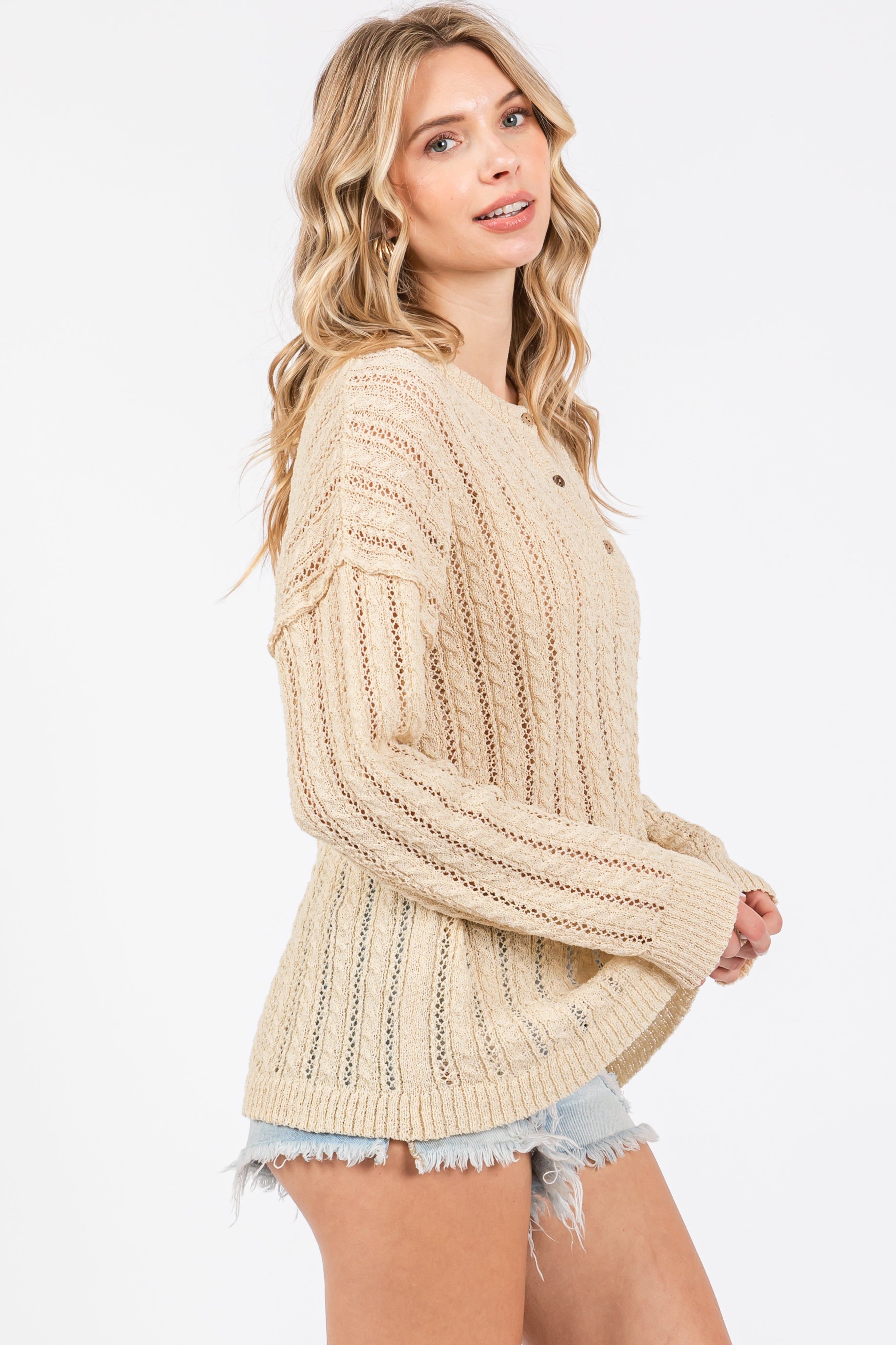 Cream Open Knit Front Button Sweater sold by Pinkblush product image thumbnail 2