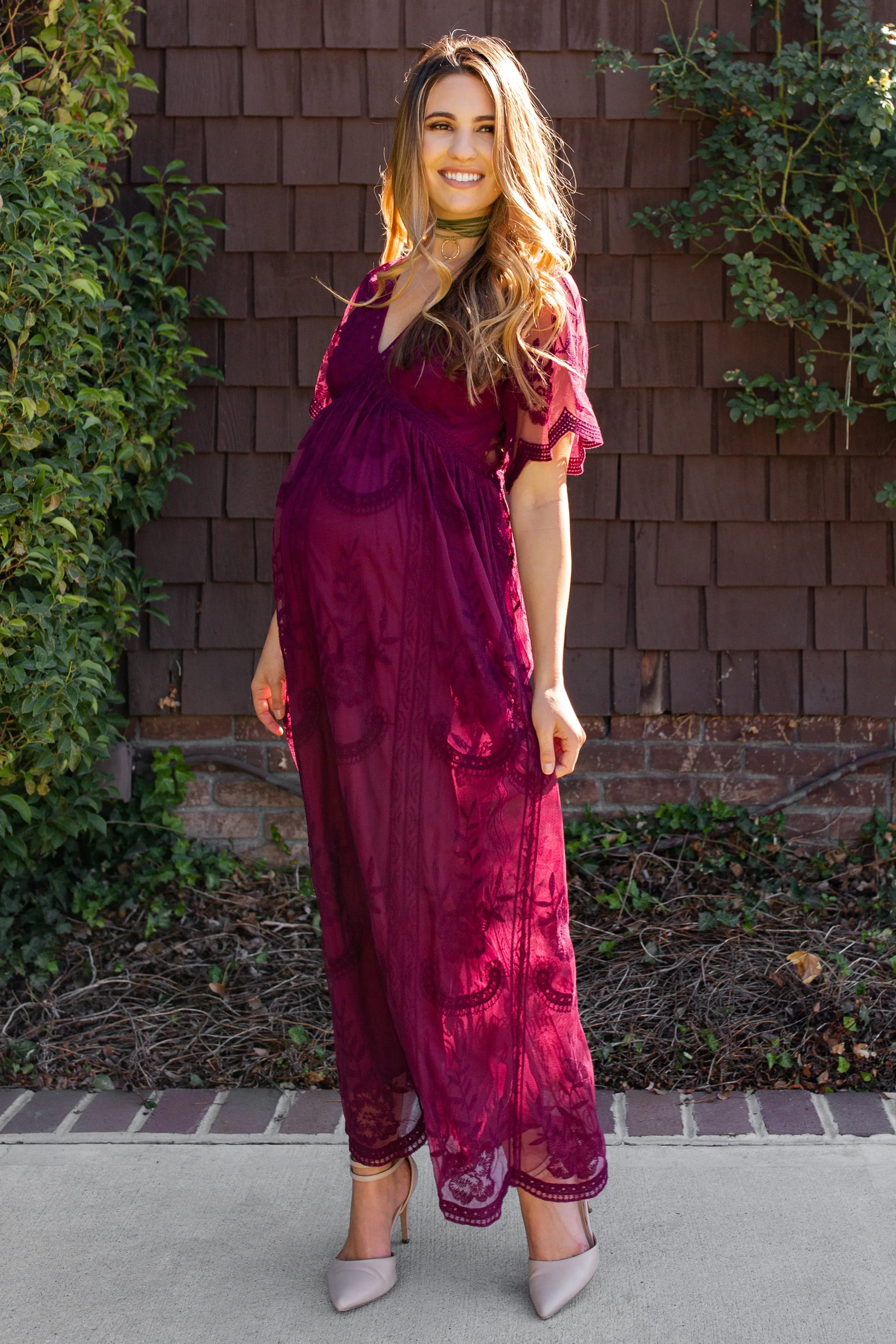 Burgundy Lace Mesh Overlay Maternity Maxi Dress sold by Pinkblush product image thumbnail 4