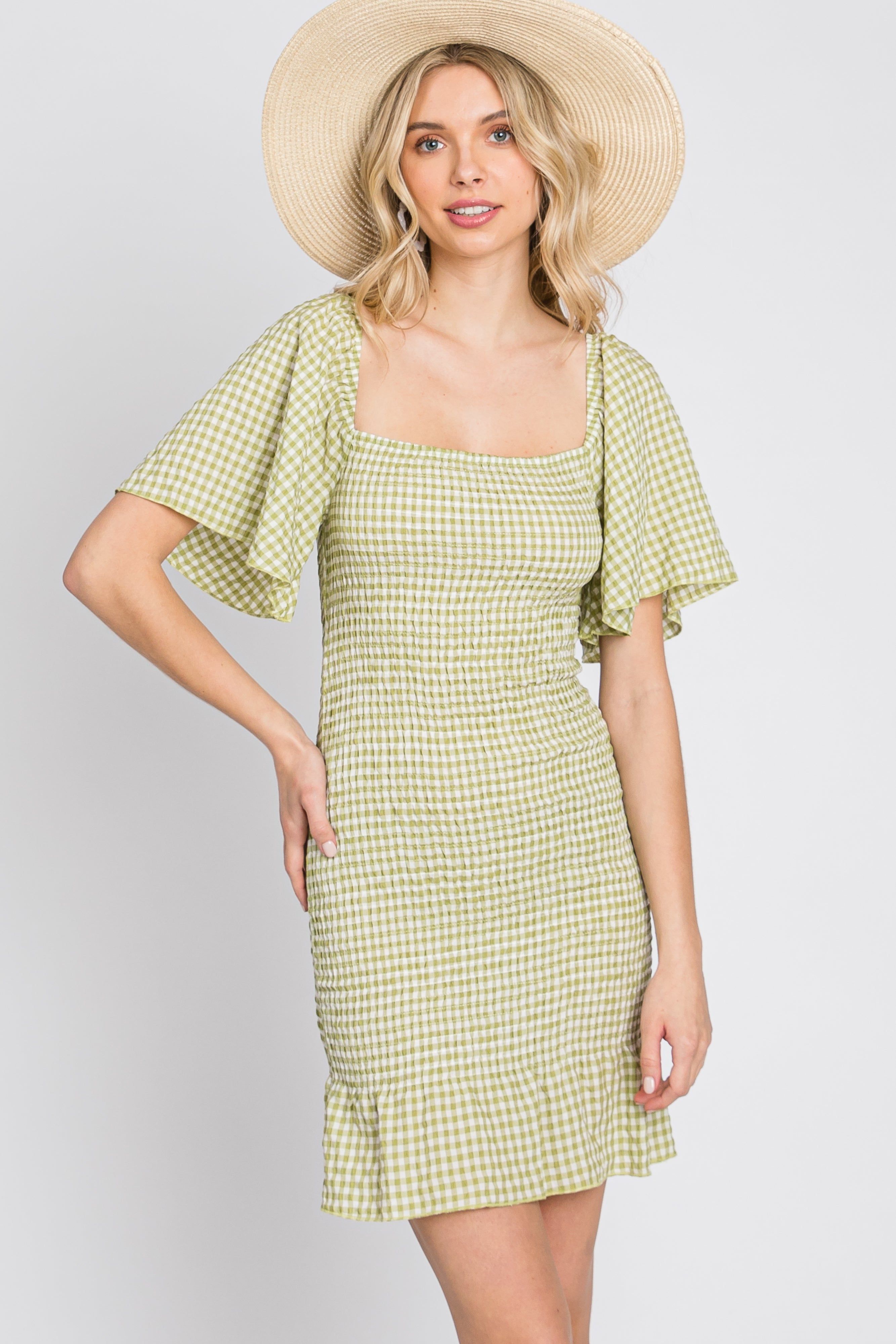 Light Olive Gingham Smocked Mini Dress sold by Pinkblush product image thumbnail 9