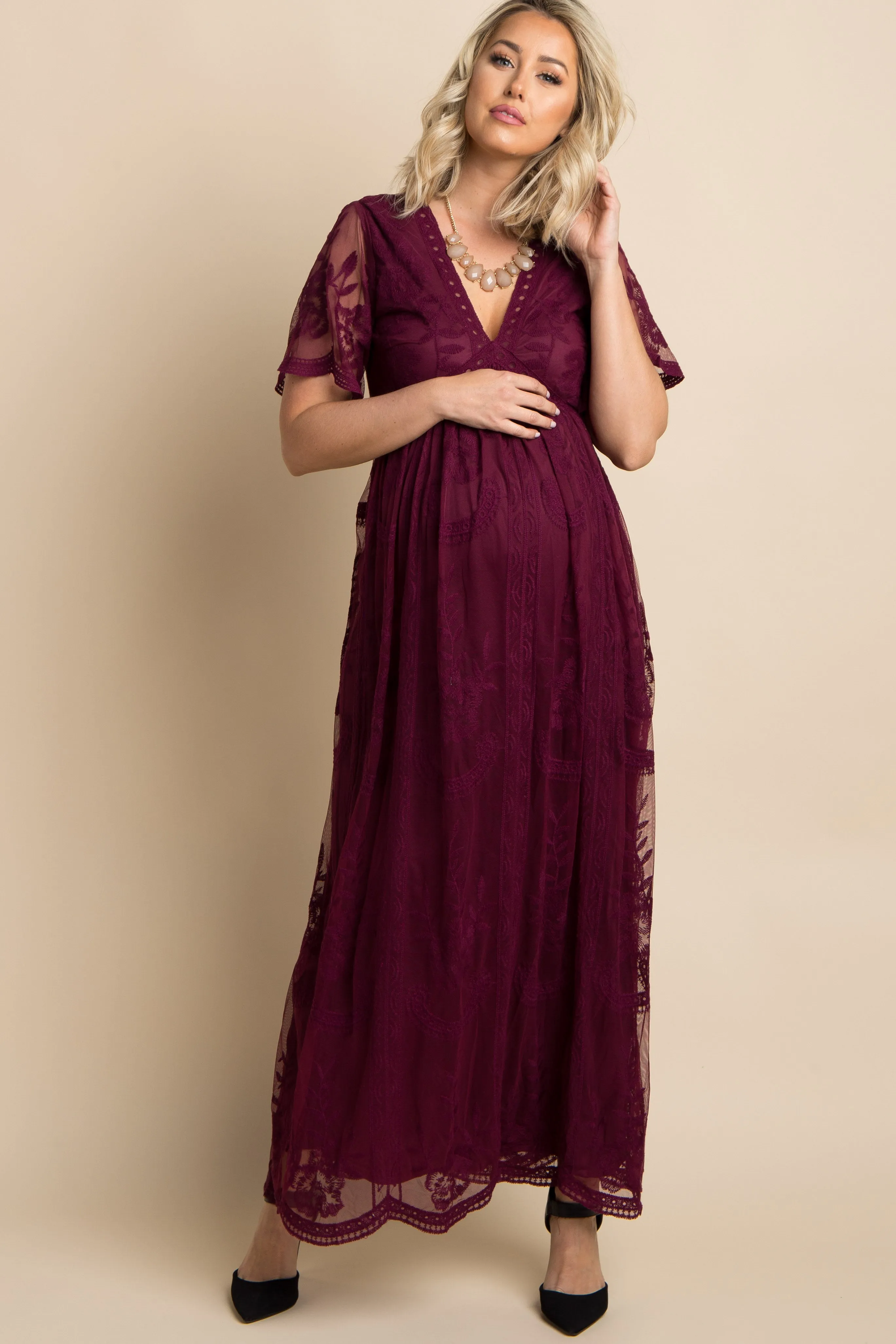 Burgundy Lace Mesh Overlay Maternity Maxi Dress sold by Pinkblush