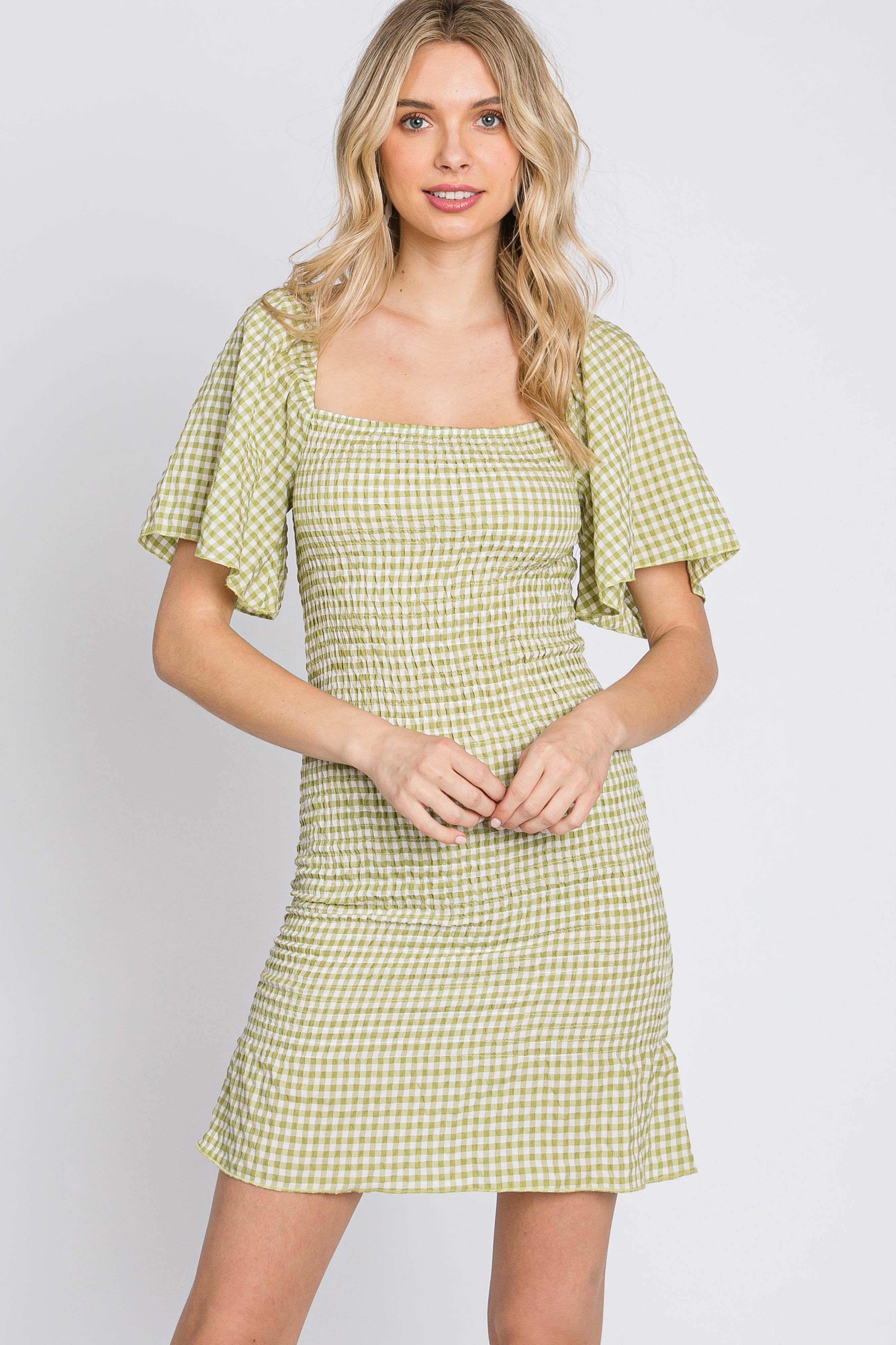 Light Olive Gingham Smocked Mini Dress sold by Pinkblush product image thumbnail 3