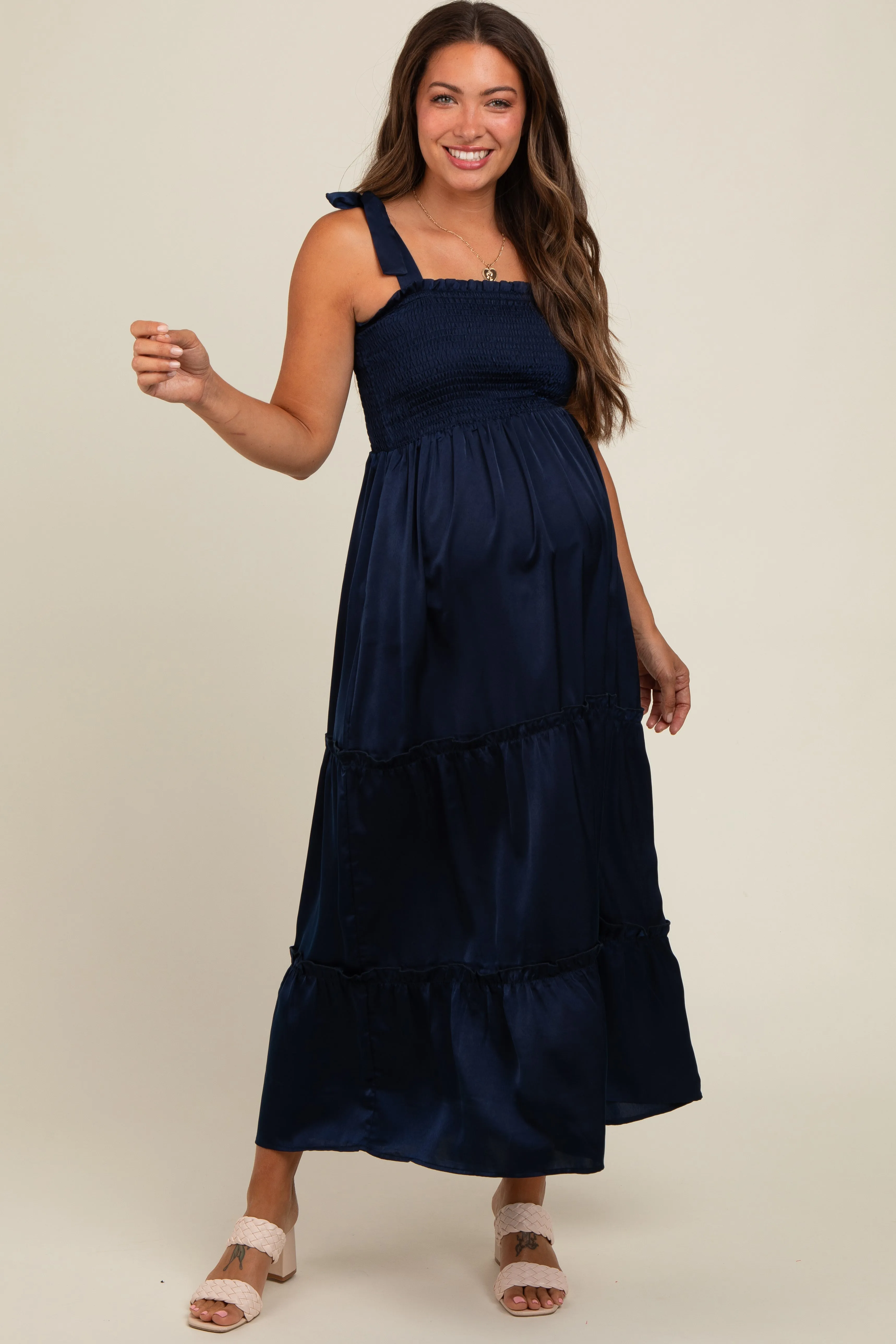 Navy Satin Smocked Maternity Maxi Dress sold by Pinkblush product image thumbnail 2