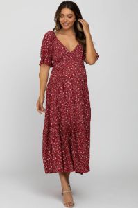 Red Floral V-Neck Ruffle Sleeve Maternity Midi Dress sold by Pinkblush