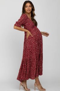 Red Floral V-Neck Ruffle Sleeve Maternity Midi Dress sold by Pinkblush