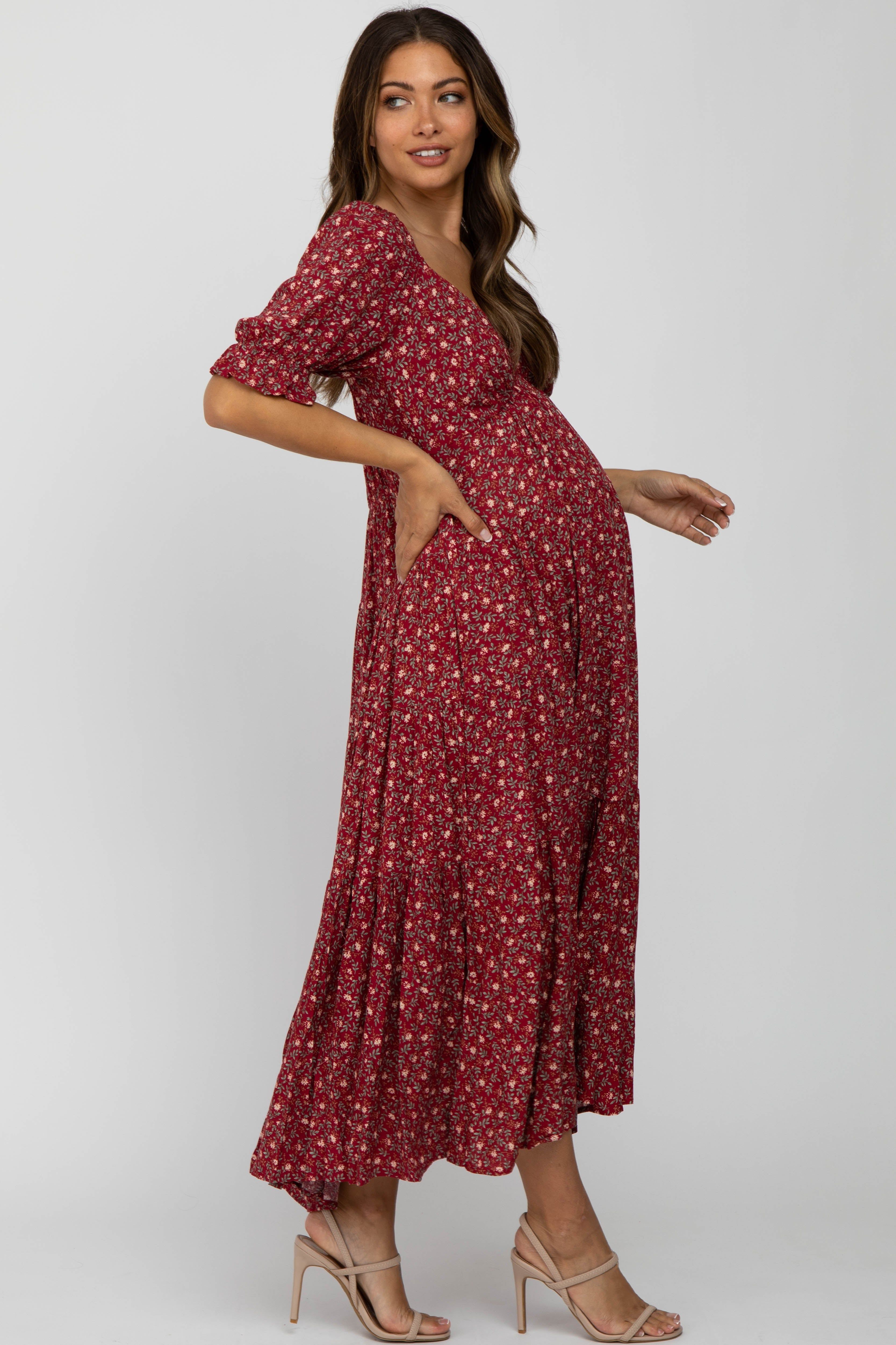 Red Floral V-Neck Ruffle Sleeve Maternity Midi Dress sold by Pinkblush product image thumbnail 3