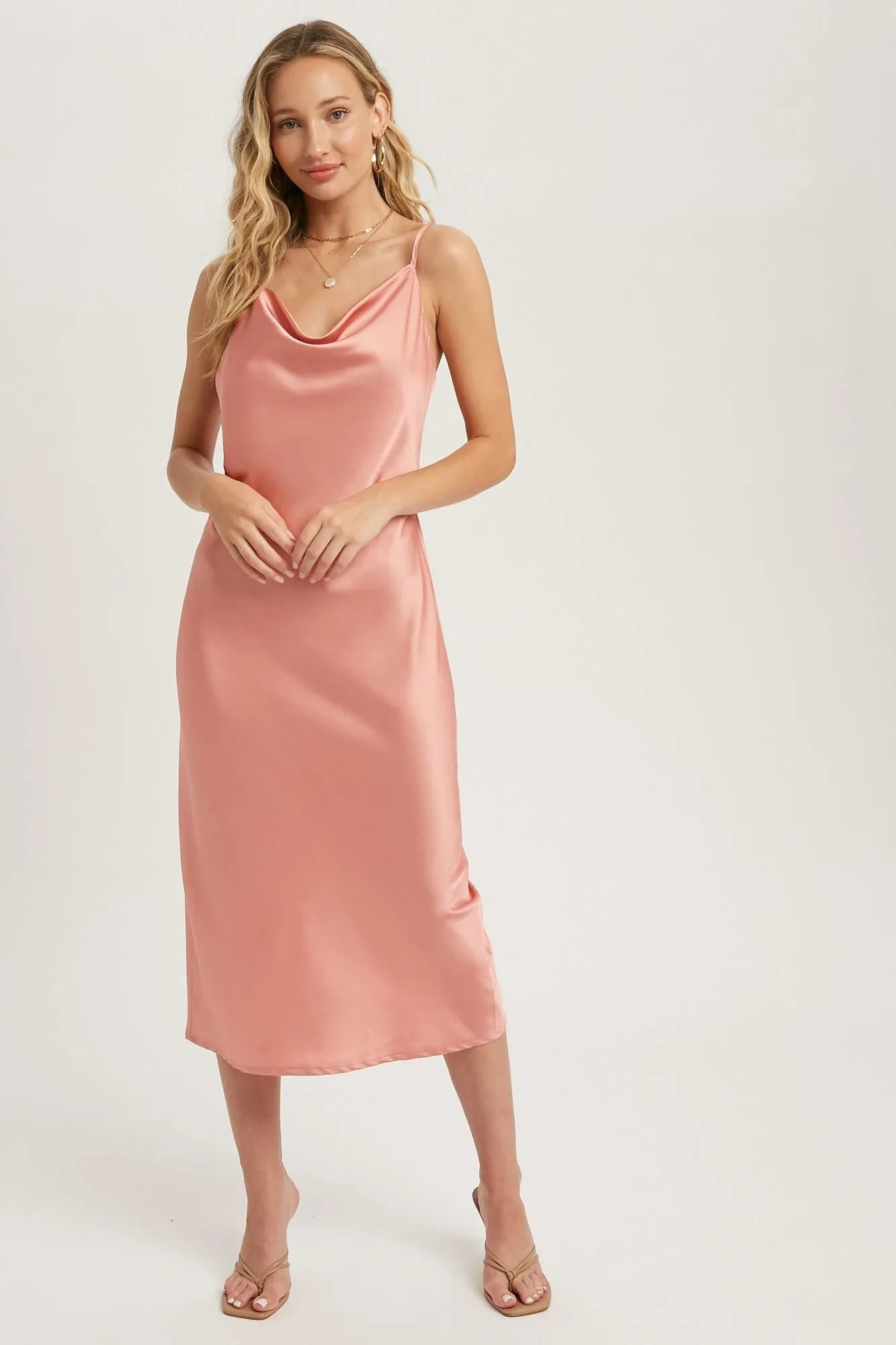 Rose Satin Cowl Neck Midi Slip Dress sold by Pinkblush