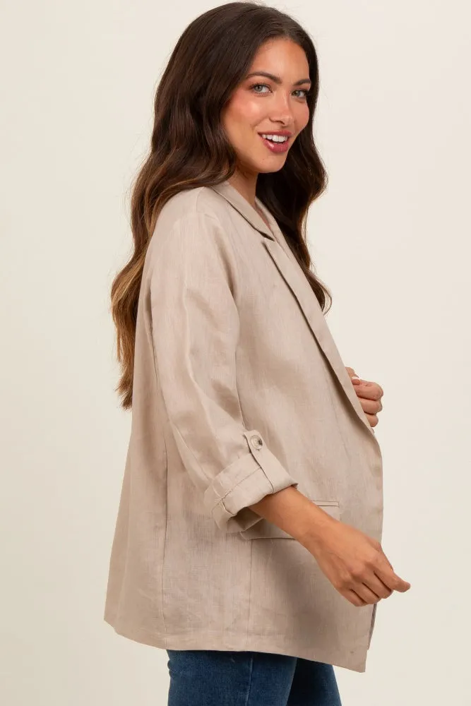 Beige Linen Rolled Cuff Maternity Blazer sold by Pinkblush product image thumbnail 3