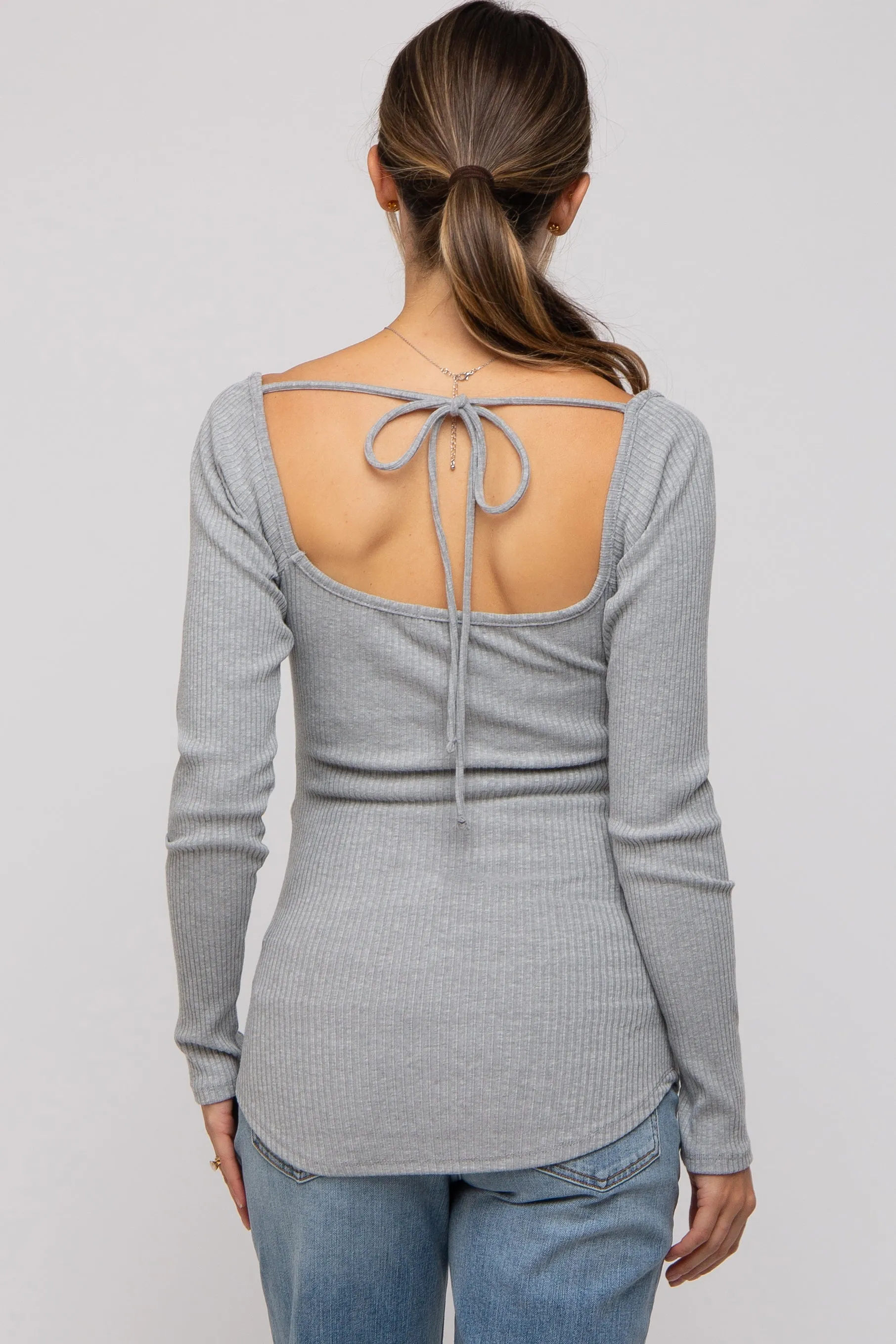 Heather Grey Ribbed Sweetheart Neck Long Sleeve Maternity Top sold by Pinkblush product image thumbnail 3