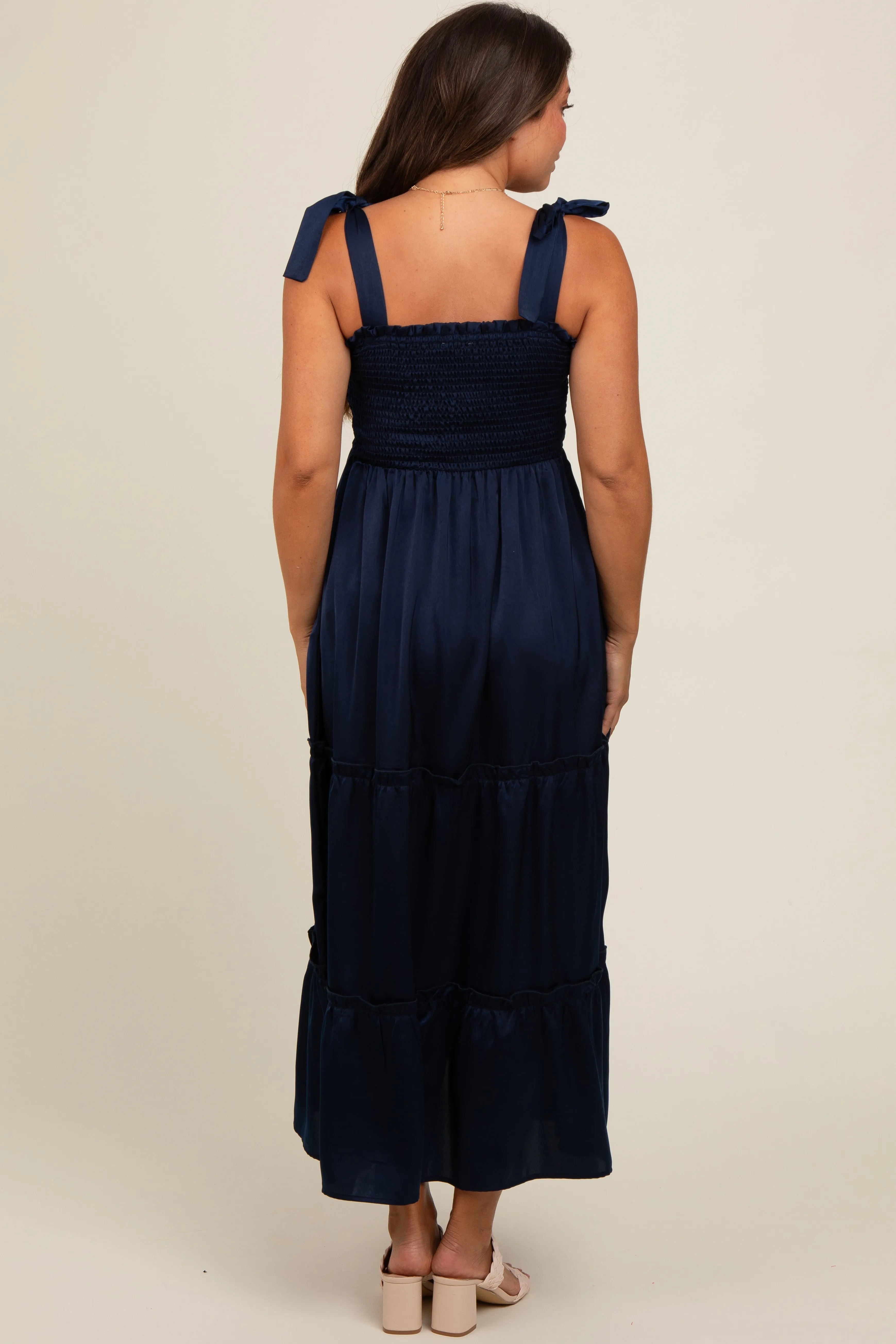 Navy Satin Smocked Maternity Maxi Dress sold by Pinkblush product image thumbnail 4