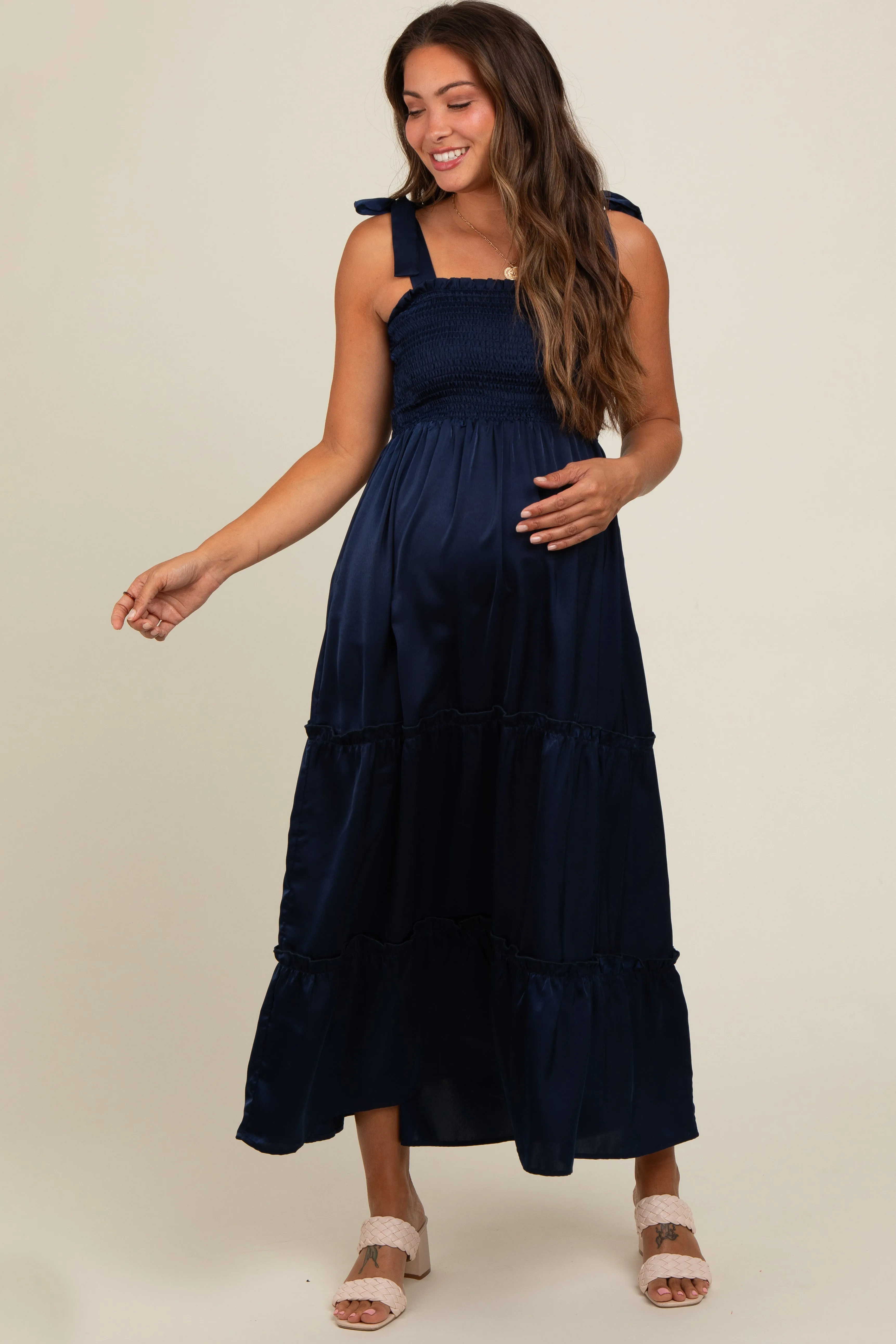 Navy Satin Smocked Maternity Maxi Dress sold by Pinkblush
