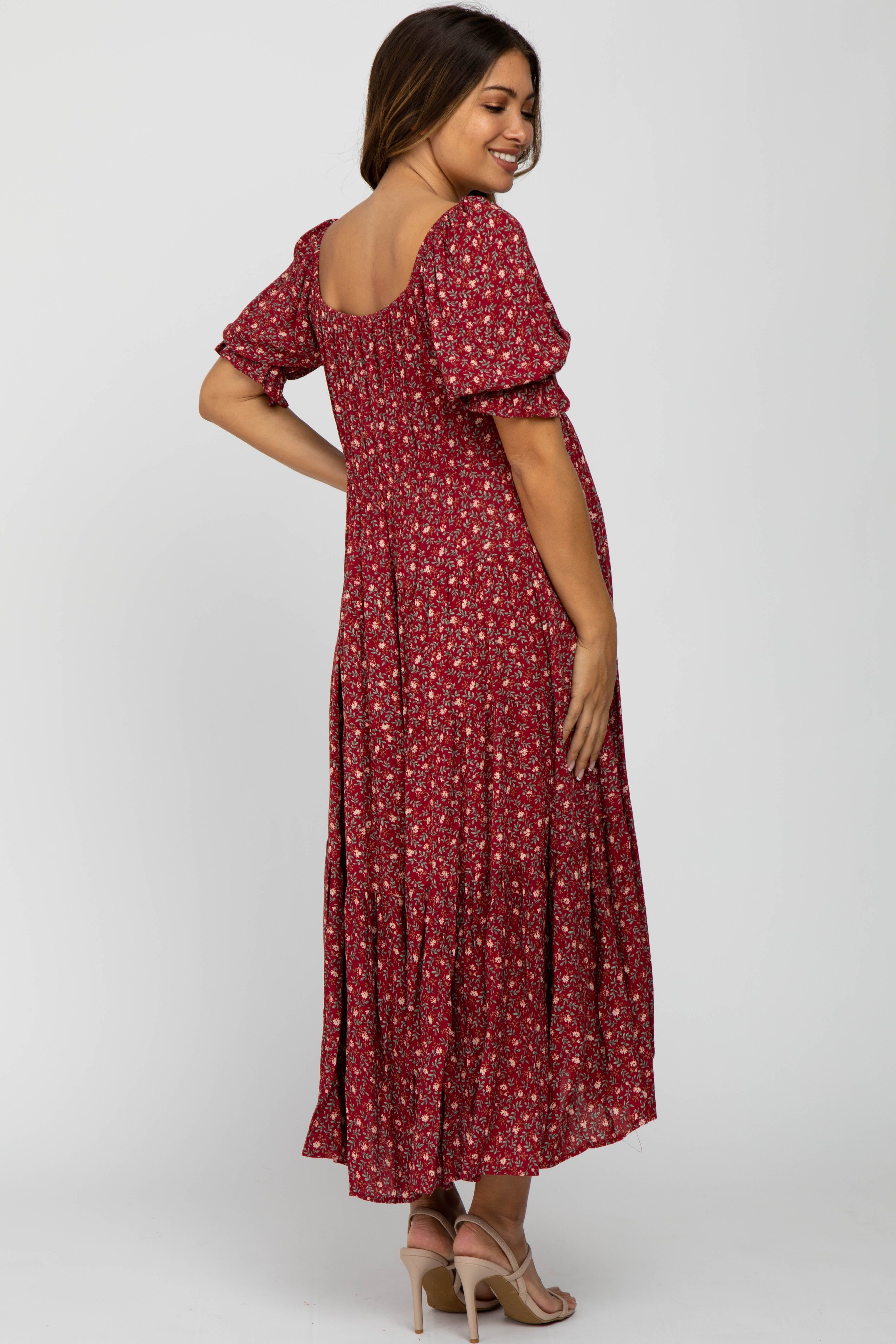 Red Floral V-Neck Ruffle Sleeve Maternity Midi Dress sold by Pinkblush product image thumbnail 4
