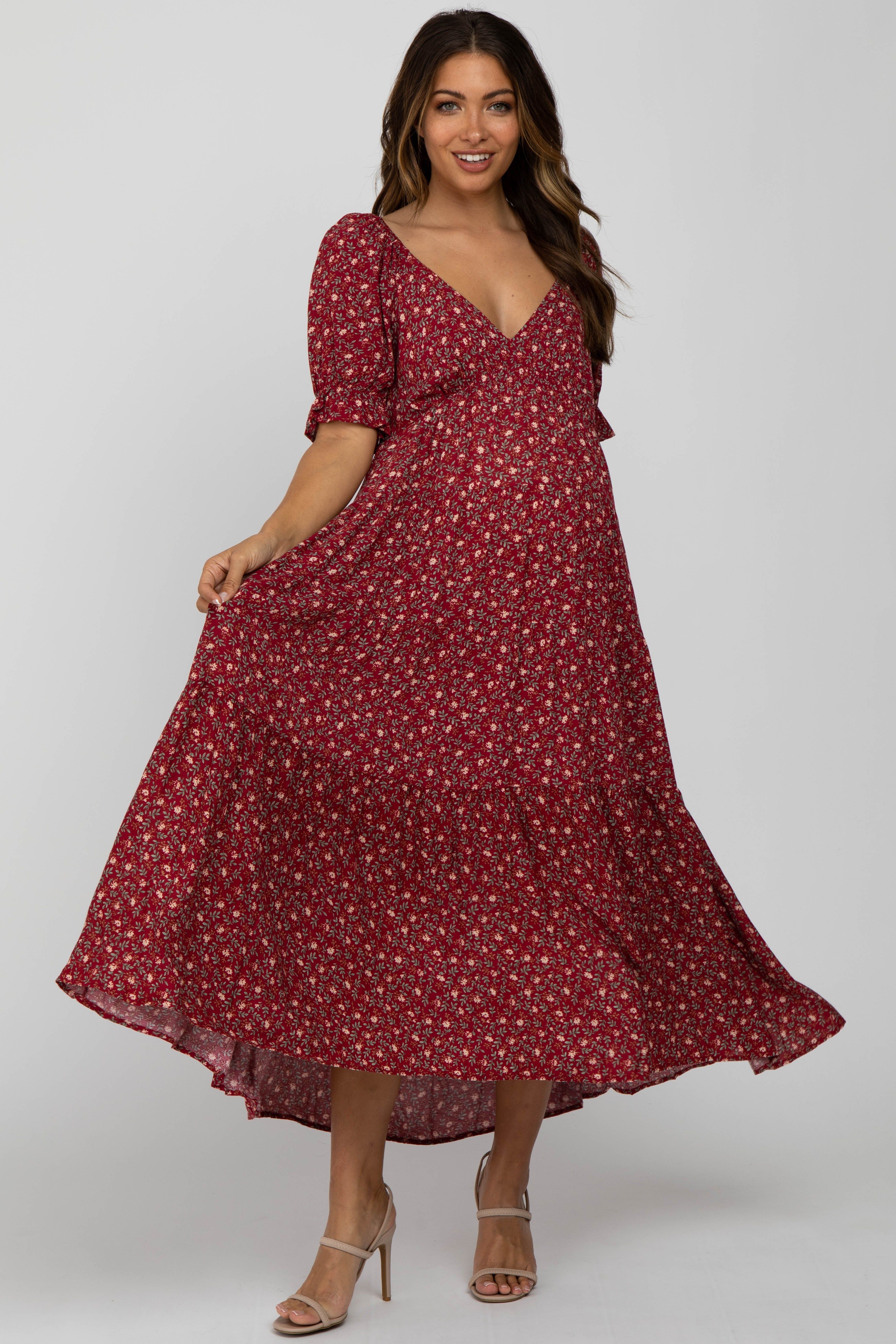 Red Floral V-Neck Ruffle Sleeve Maternity Midi Dress sold by Pinkblush