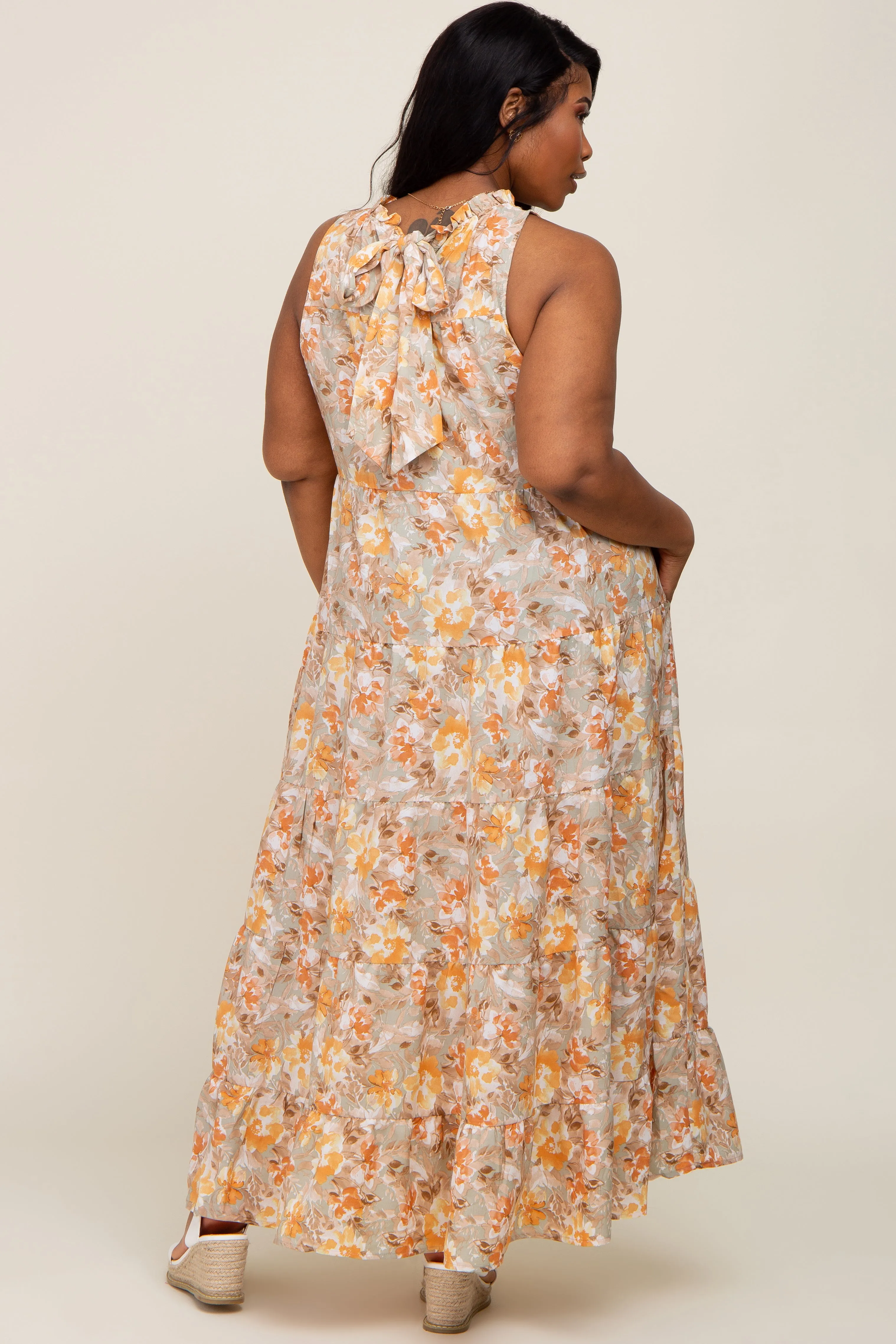 Taupe Floral Ruffle Mock Neck Tiered Plus Maxi Dress sold by Pinkblush product image thumbnail 3