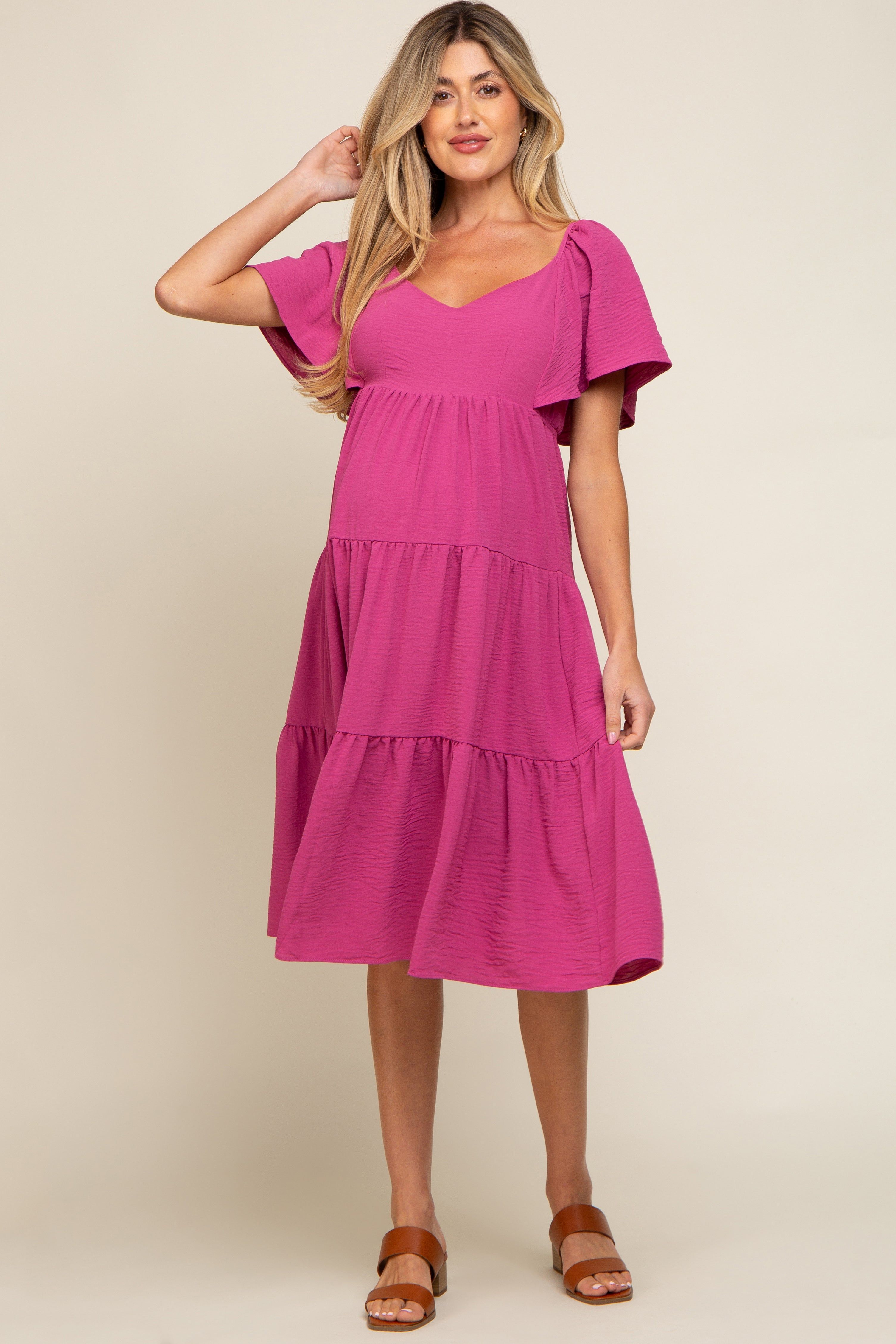 Magenta Tiered Criss Cross Back Maternity Midi Dress sold by Pinkblush product image thumbnail 4