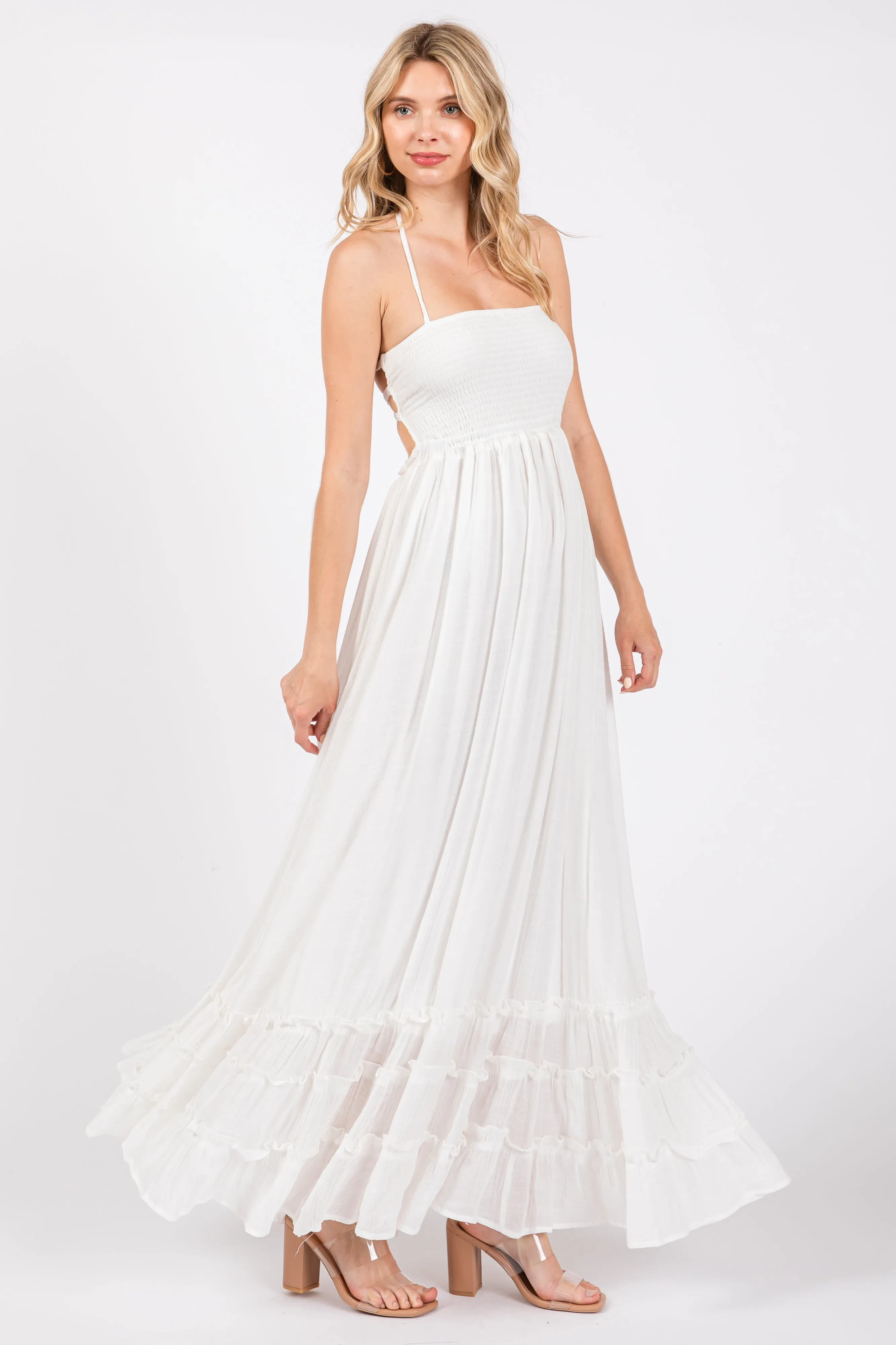 White Smocked Halter Cutout Maxi Dress sold by Pinkblush product image thumbnail 2