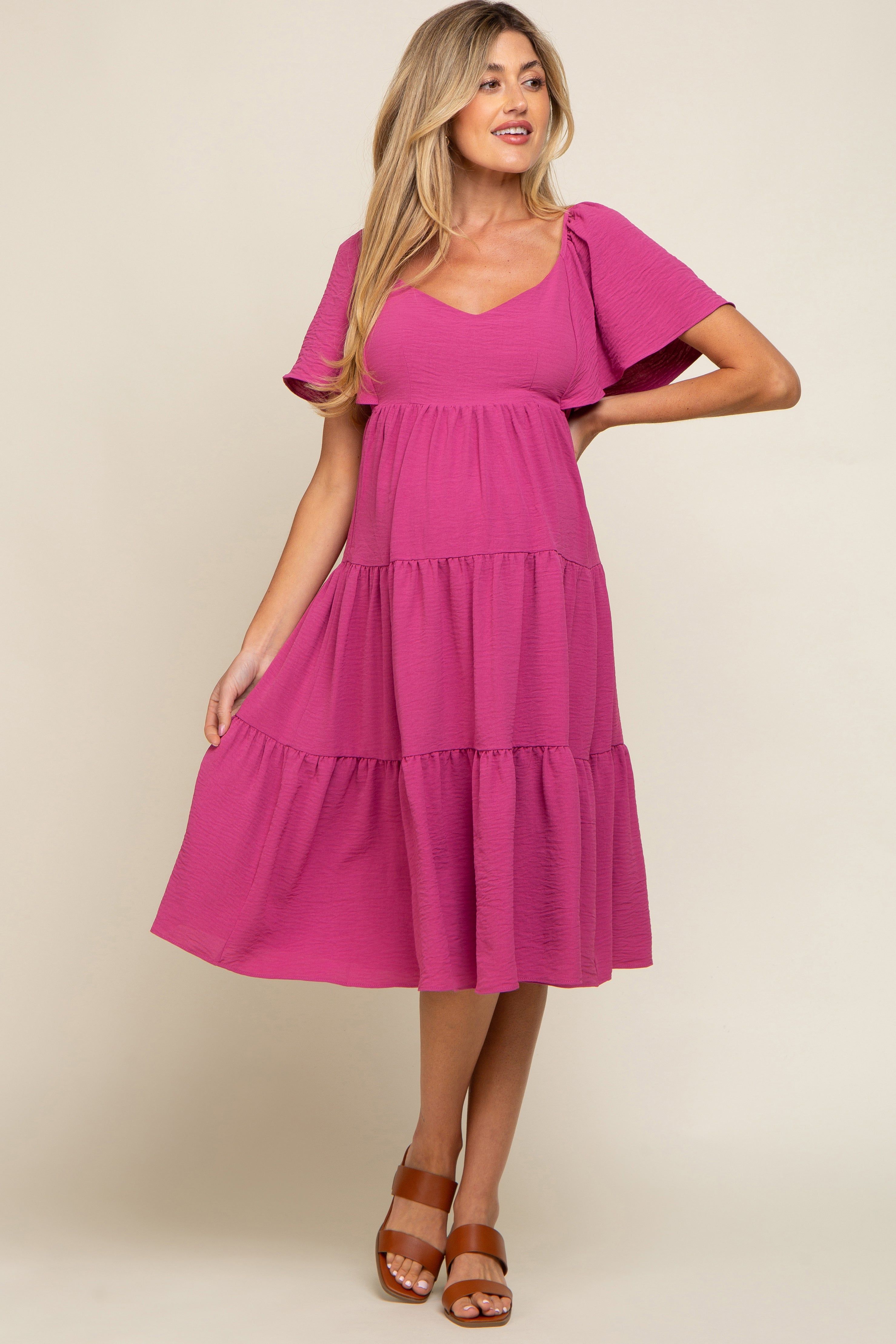 Magenta Tiered Criss Cross Back Maternity Midi Dress sold by Pinkblush