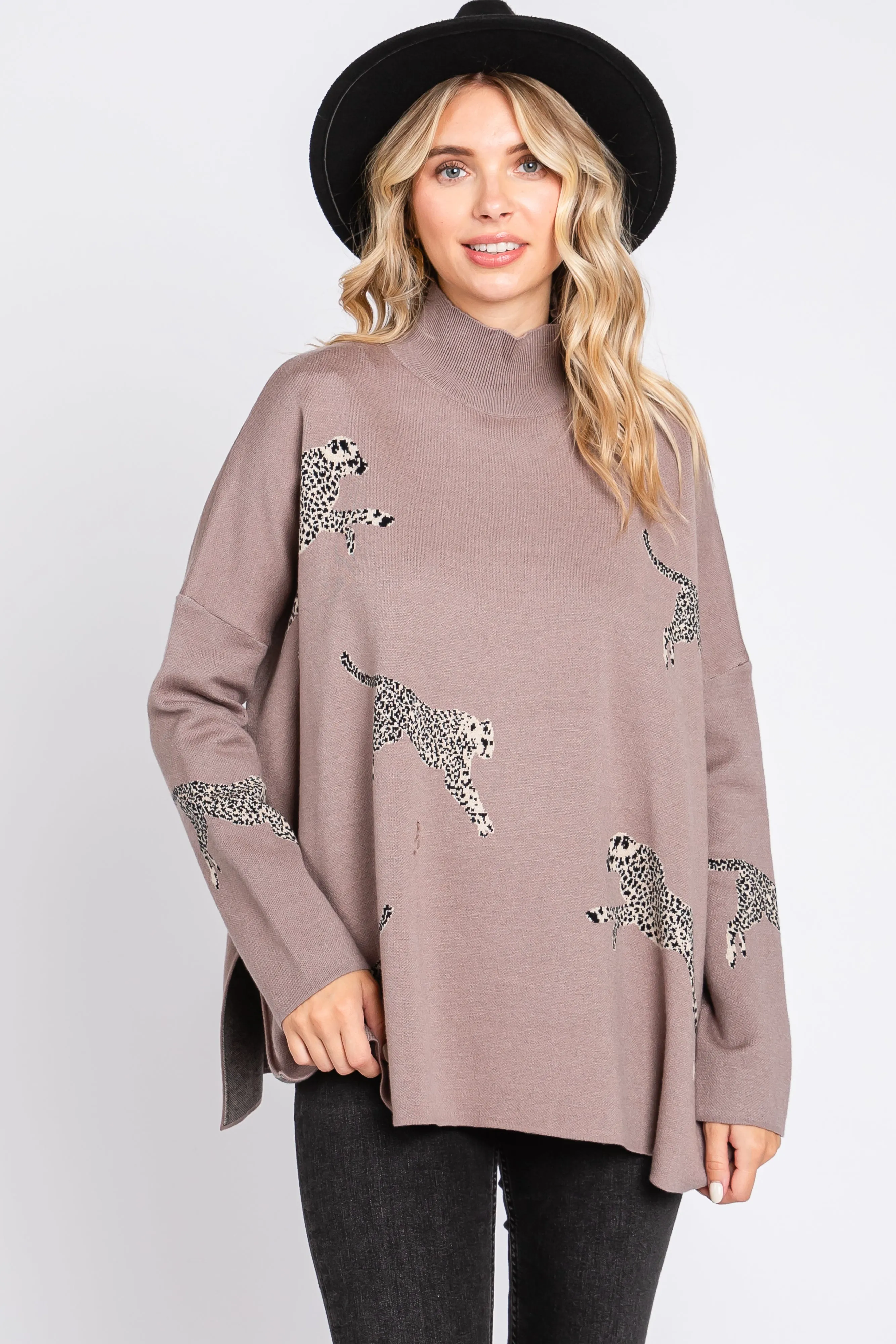 Taupe Animal Print Side Slit Sweater sold by Pinkblush