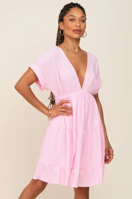 Pink V-Neck Tiered Cutout Back Dress sold by Pinkblush
