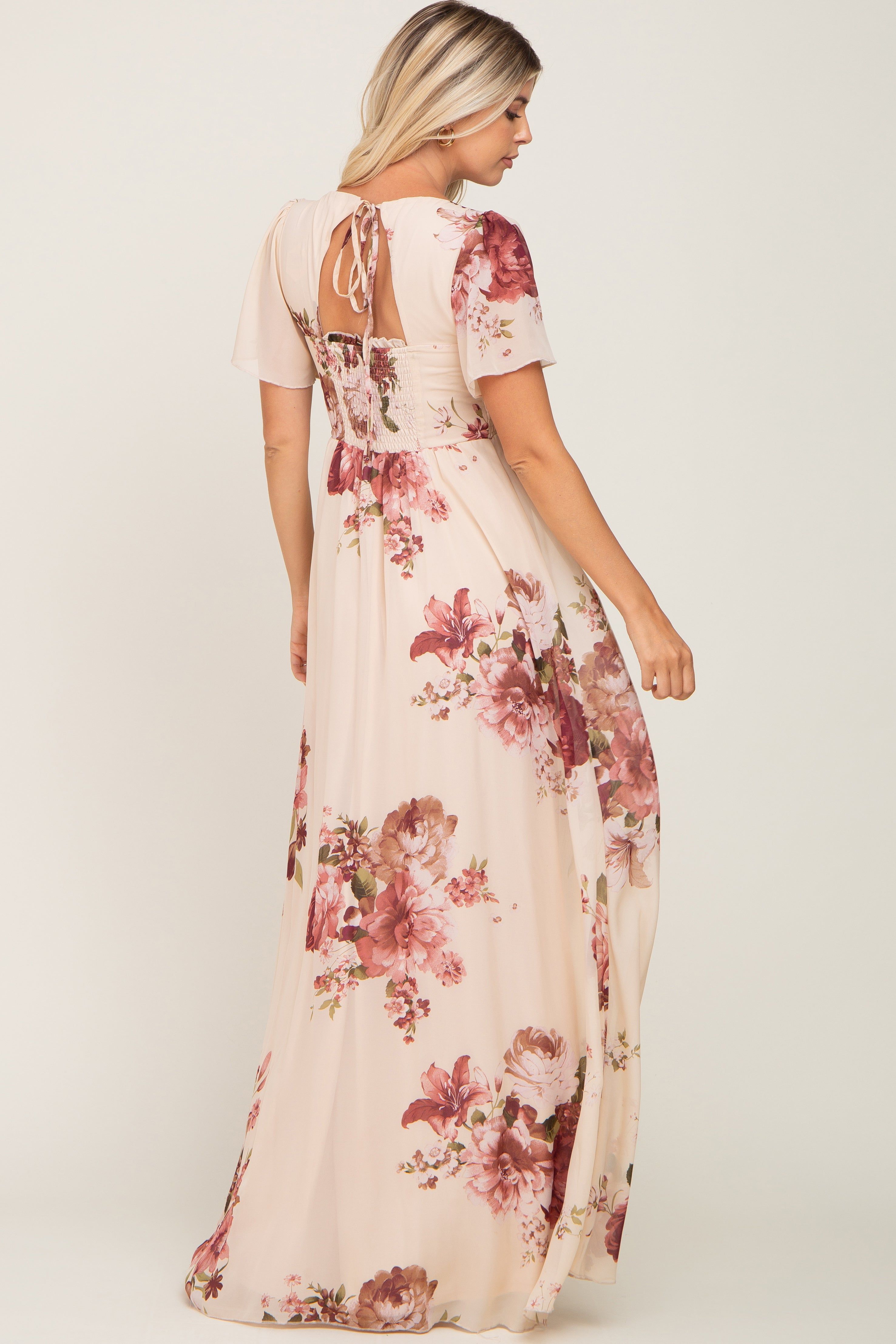 Cream Floral Chiffon Smocked Maxi Dress sold by Pinkblush product image thumbnail 3