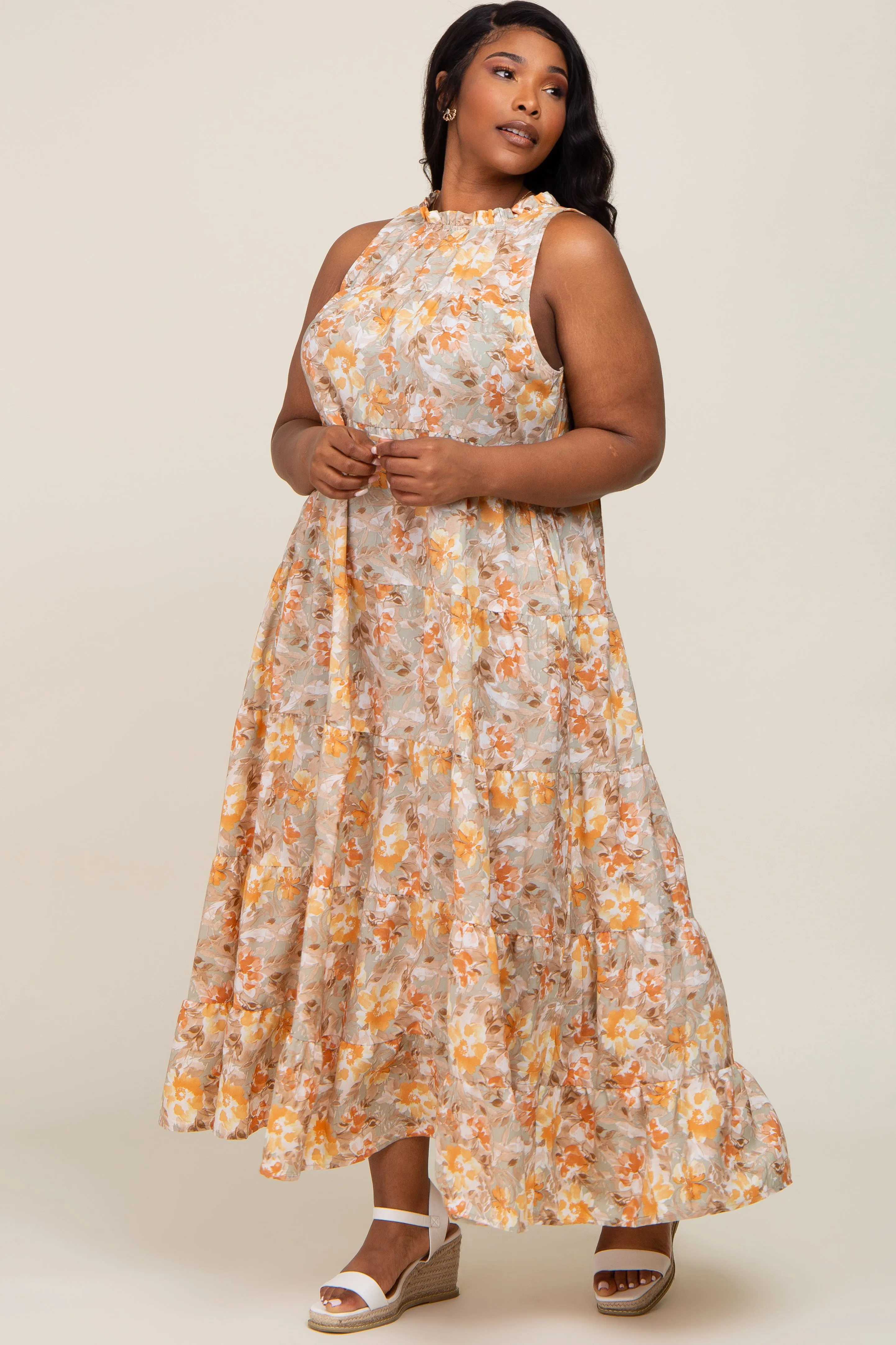 Taupe Floral Ruffle Mock Neck Tiered Plus Maxi Dress sold by Pinkblush product image thumbnail 4
