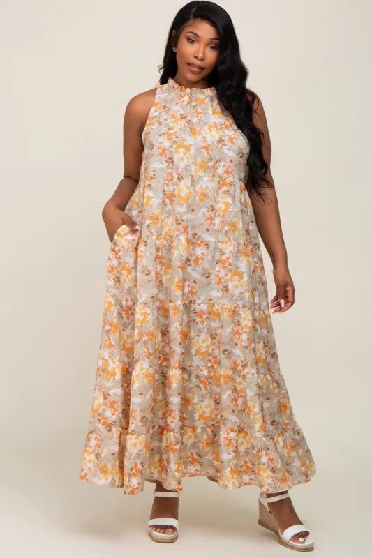 Taupe Floral Ruffle Mock Neck Tiered Plus Maxi Dress sold by Pinkblush