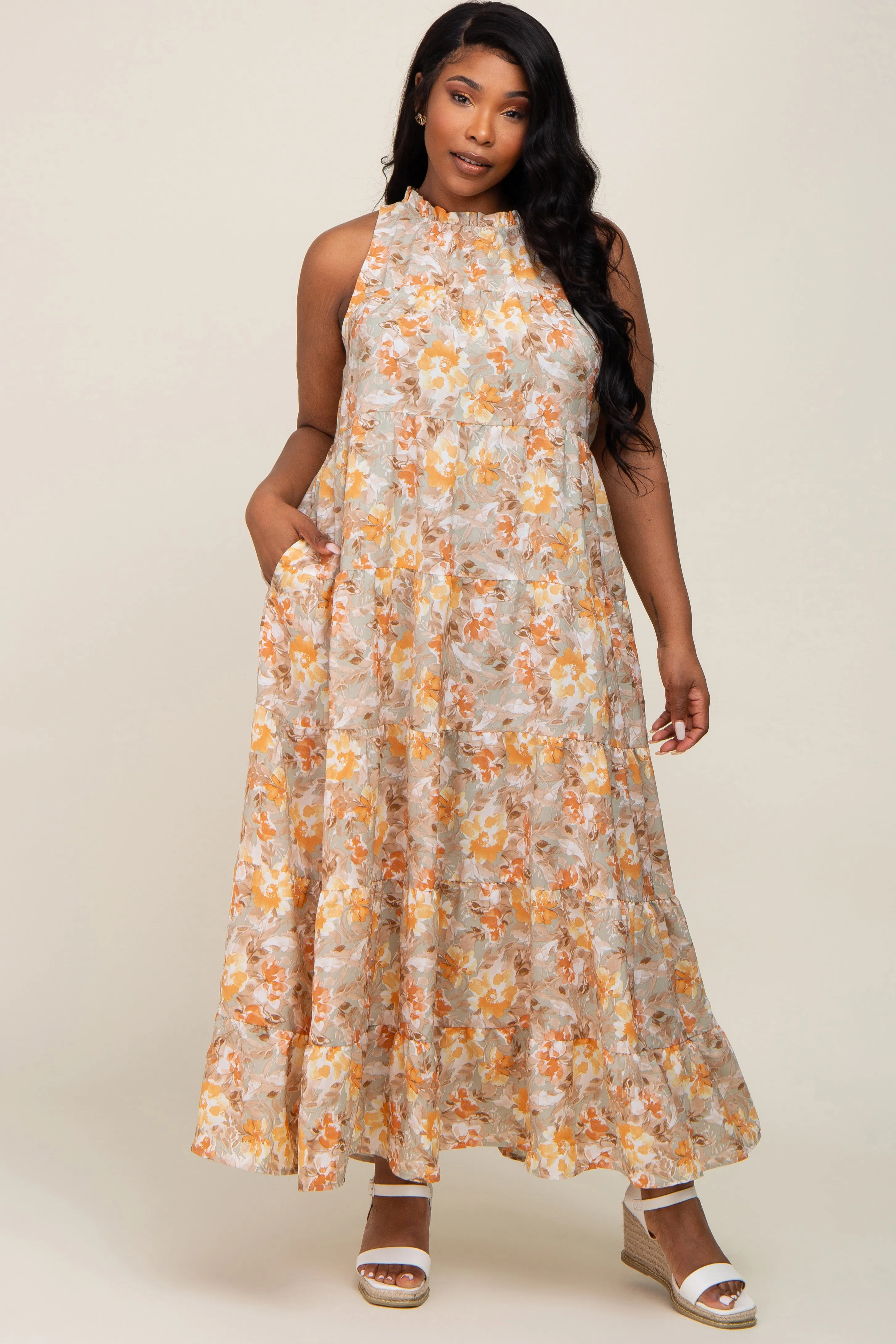 Taupe Floral Ruffle Mock Neck Tiered Plus Maxi Dress sold by Pinkblush