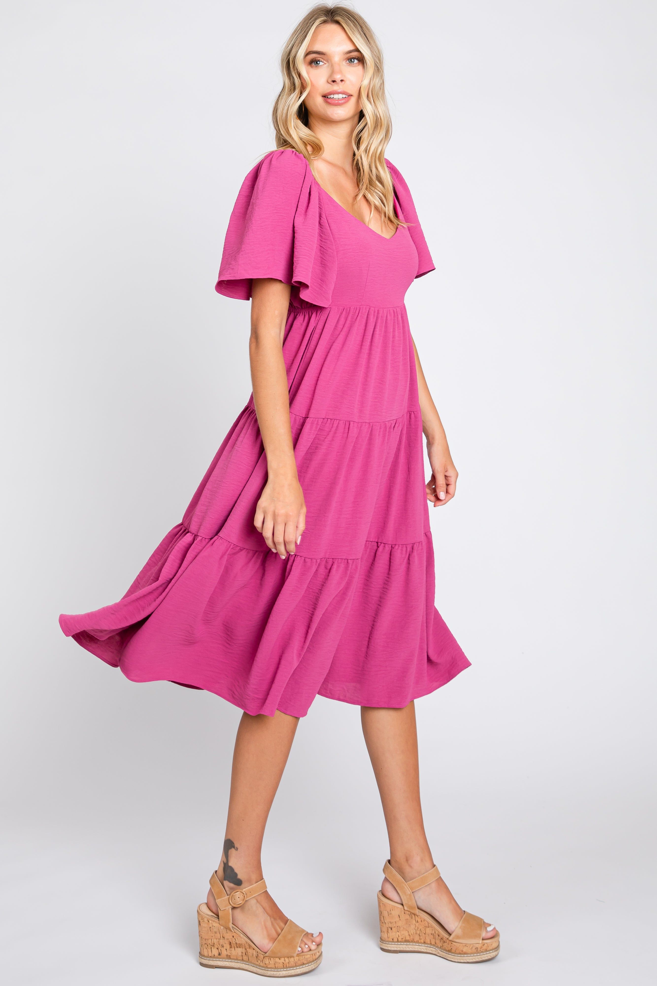 Magenta Tiered Criss Cross Back Maternity Midi Dress sold by Pinkblush product image thumbnail 5