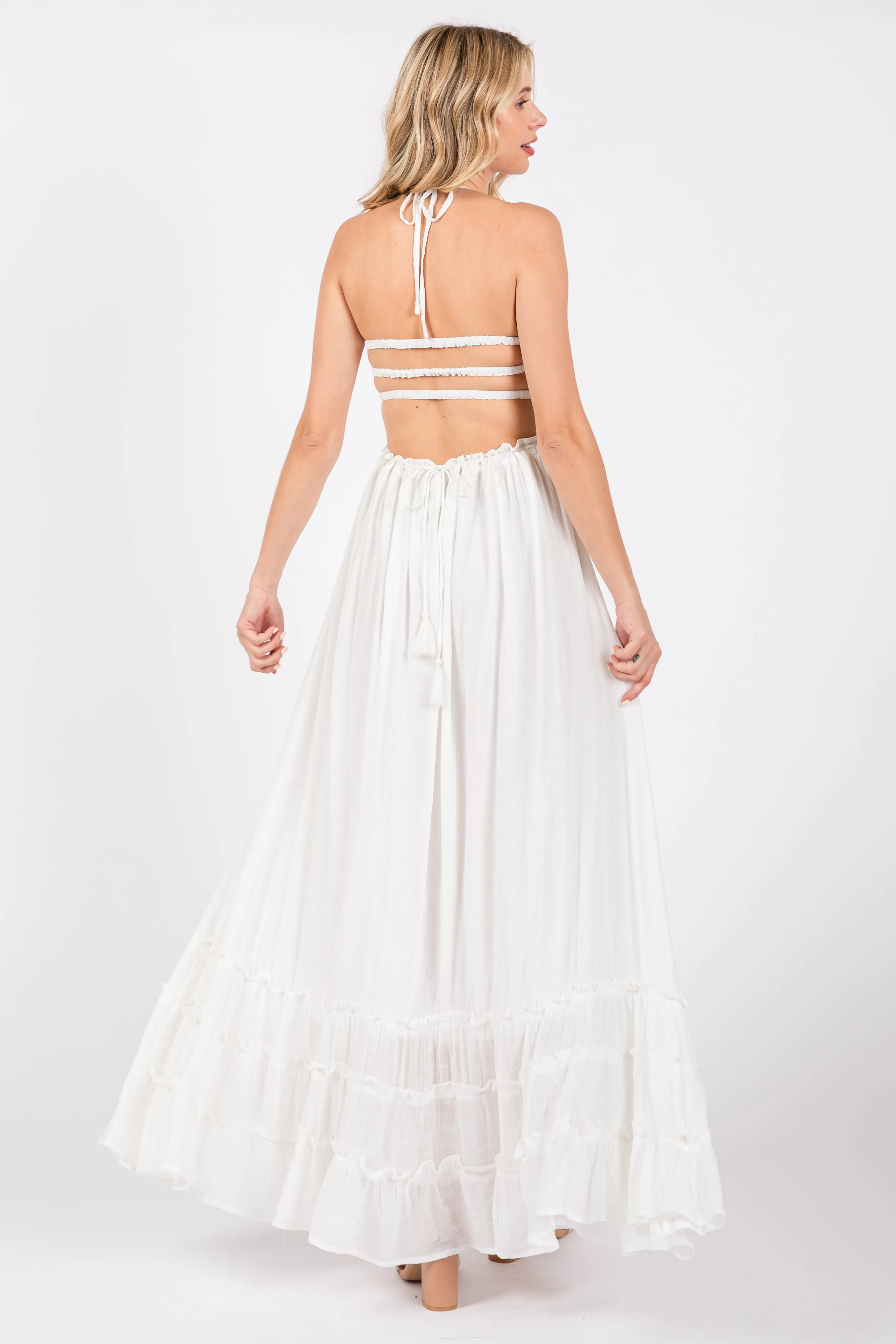 White Smocked Halter Cutout Maxi Dress sold by Pinkblush product image thumbnail 3