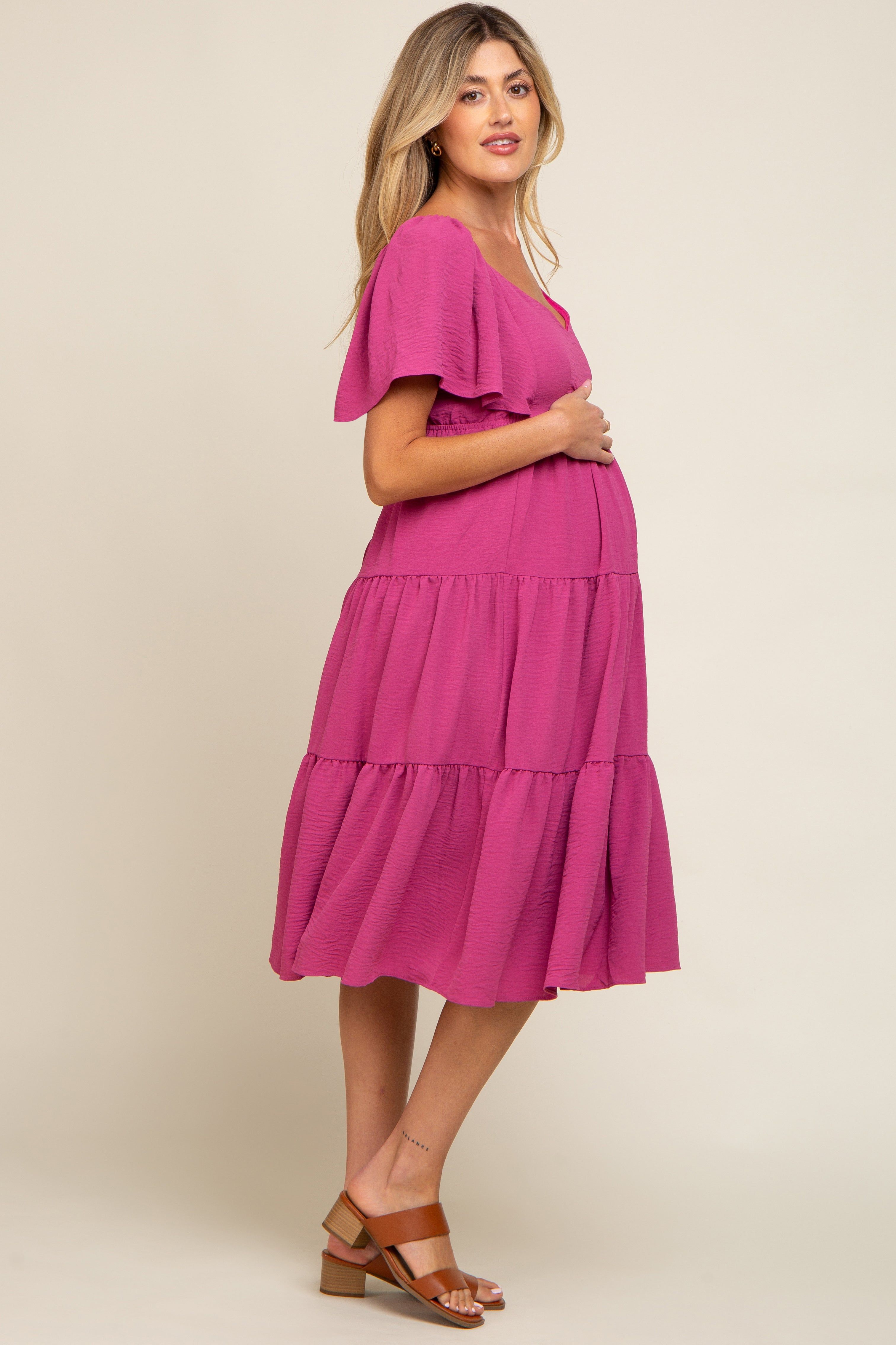 Magenta Tiered Criss Cross Back Maternity Midi Dress sold by Pinkblush product image thumbnail 2