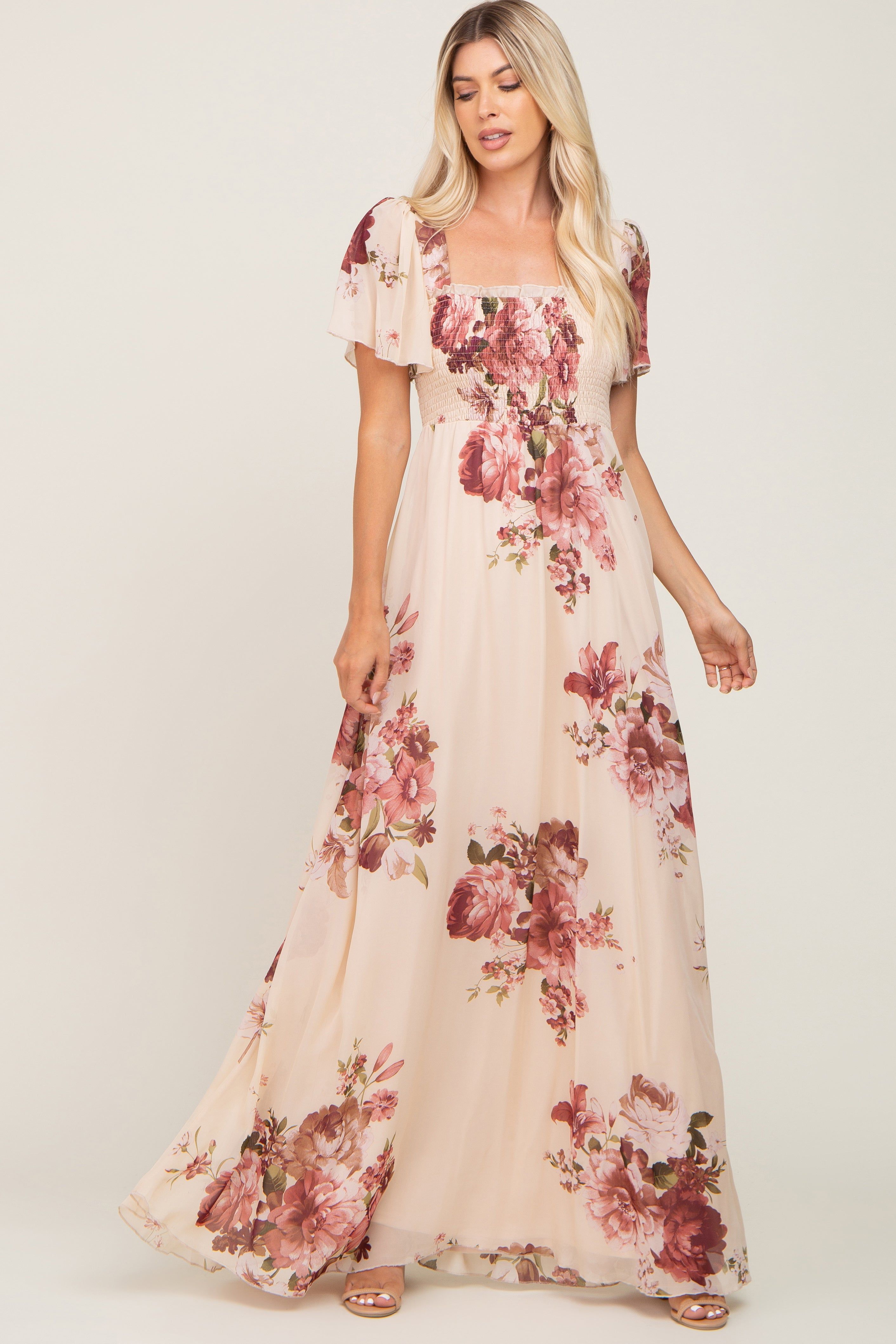 Cream Floral Chiffon Smocked Maxi Dress sold by Pinkblush