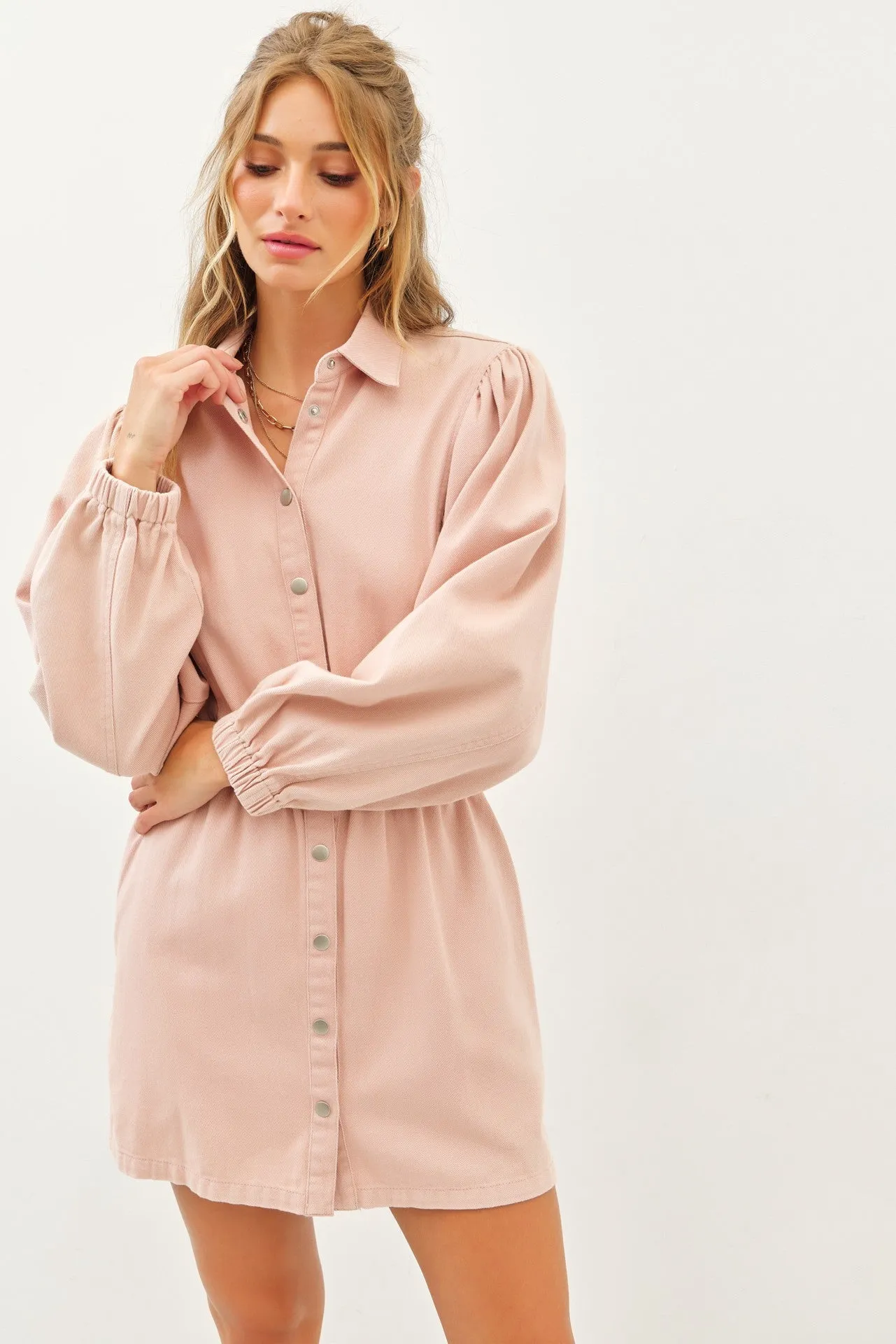 Dusty Pink Long Sleeved Button Down Cotton Twill Dress sold by Pinkblush