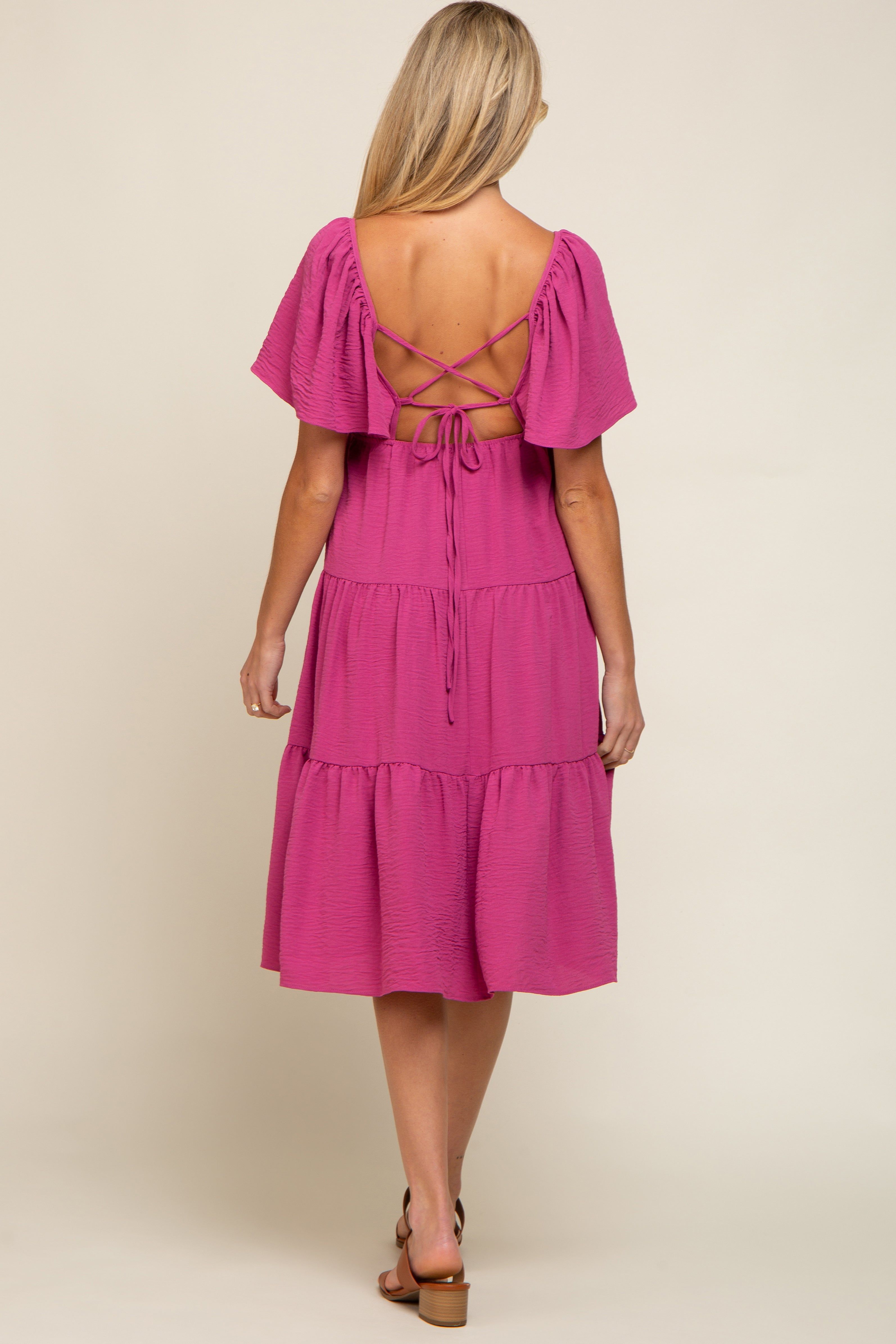 Magenta Tiered Criss Cross Back Maternity Midi Dress sold by Pinkblush product image thumbnail 3