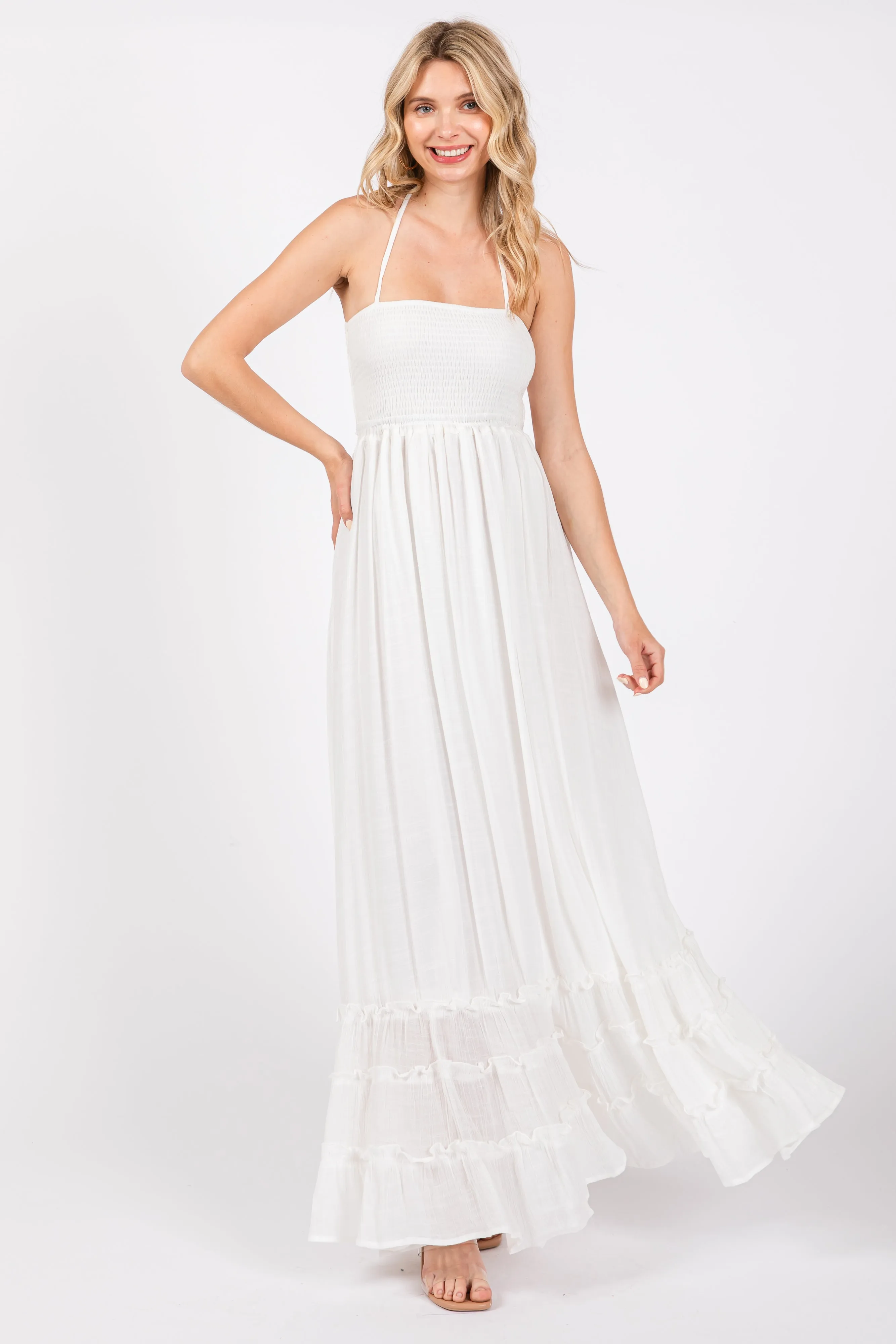 White Smocked Halter Cutout Maxi Dress sold by Pinkblush