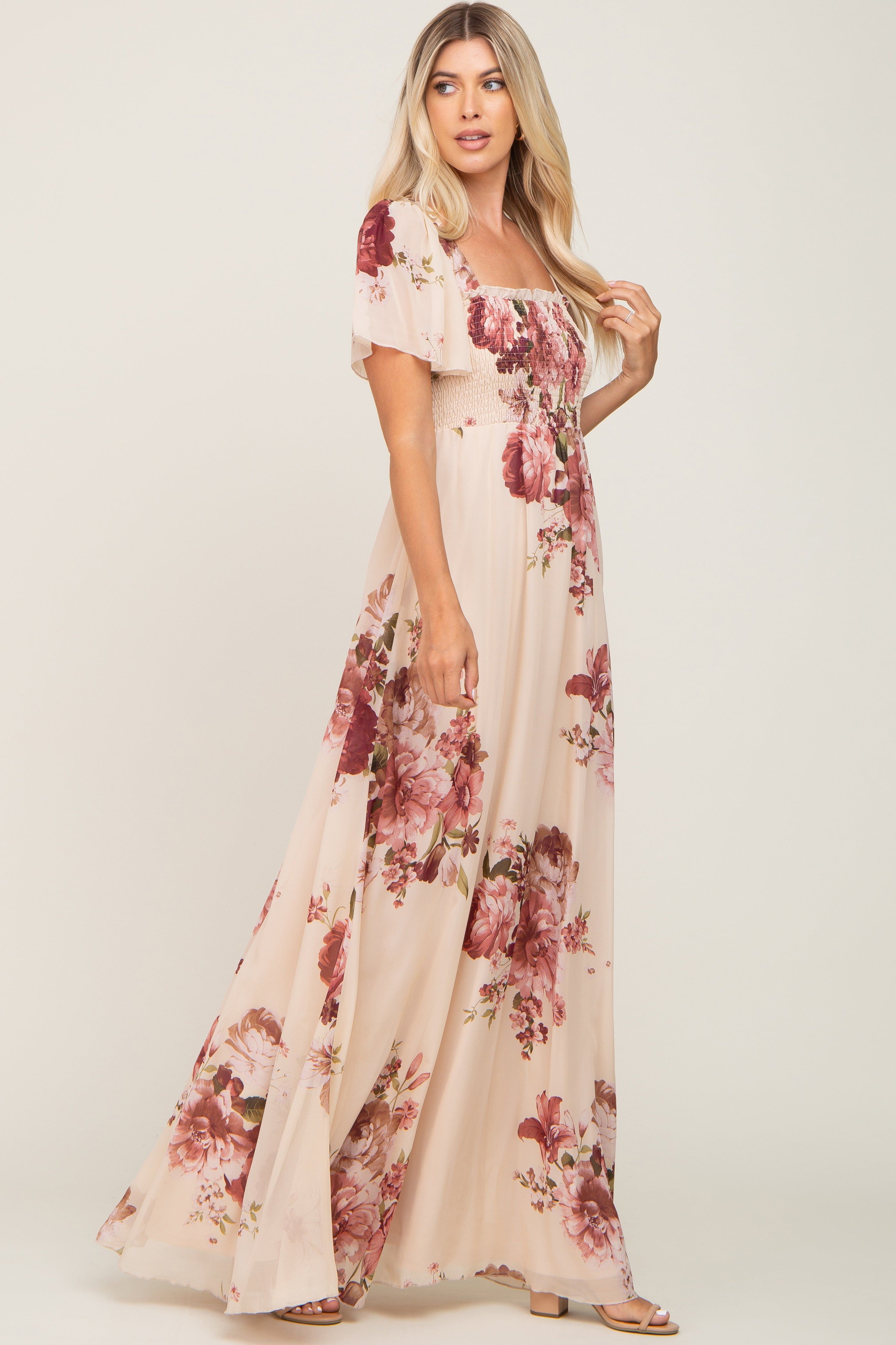 Cream Floral Chiffon Smocked Maxi Dress sold by Pinkblush product image thumbnail 2