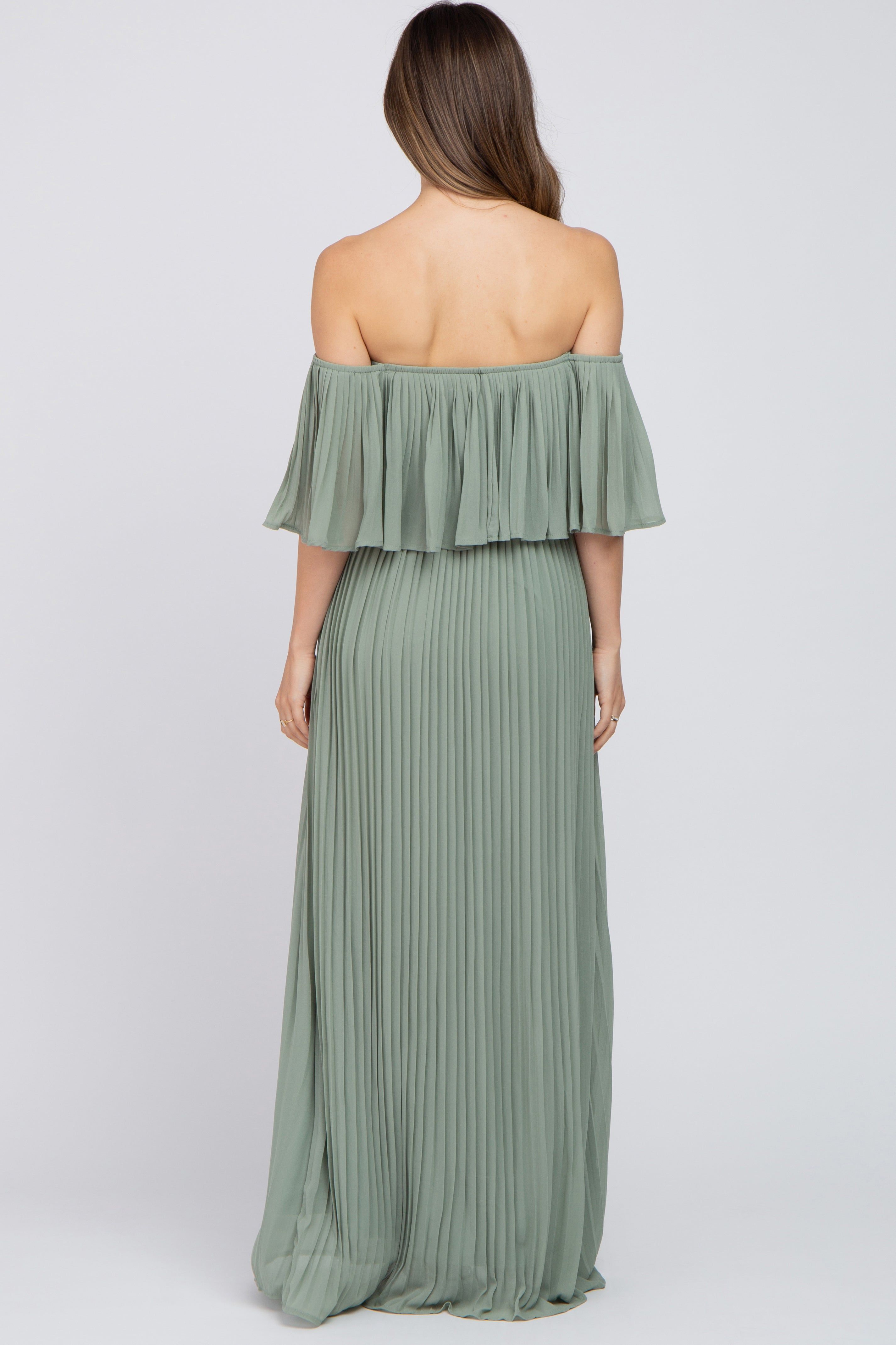 Light Olive Chiffon Pleated Off Shoulder Maternity Maxi Dress sold by Pinkblush product image thumbnail 3