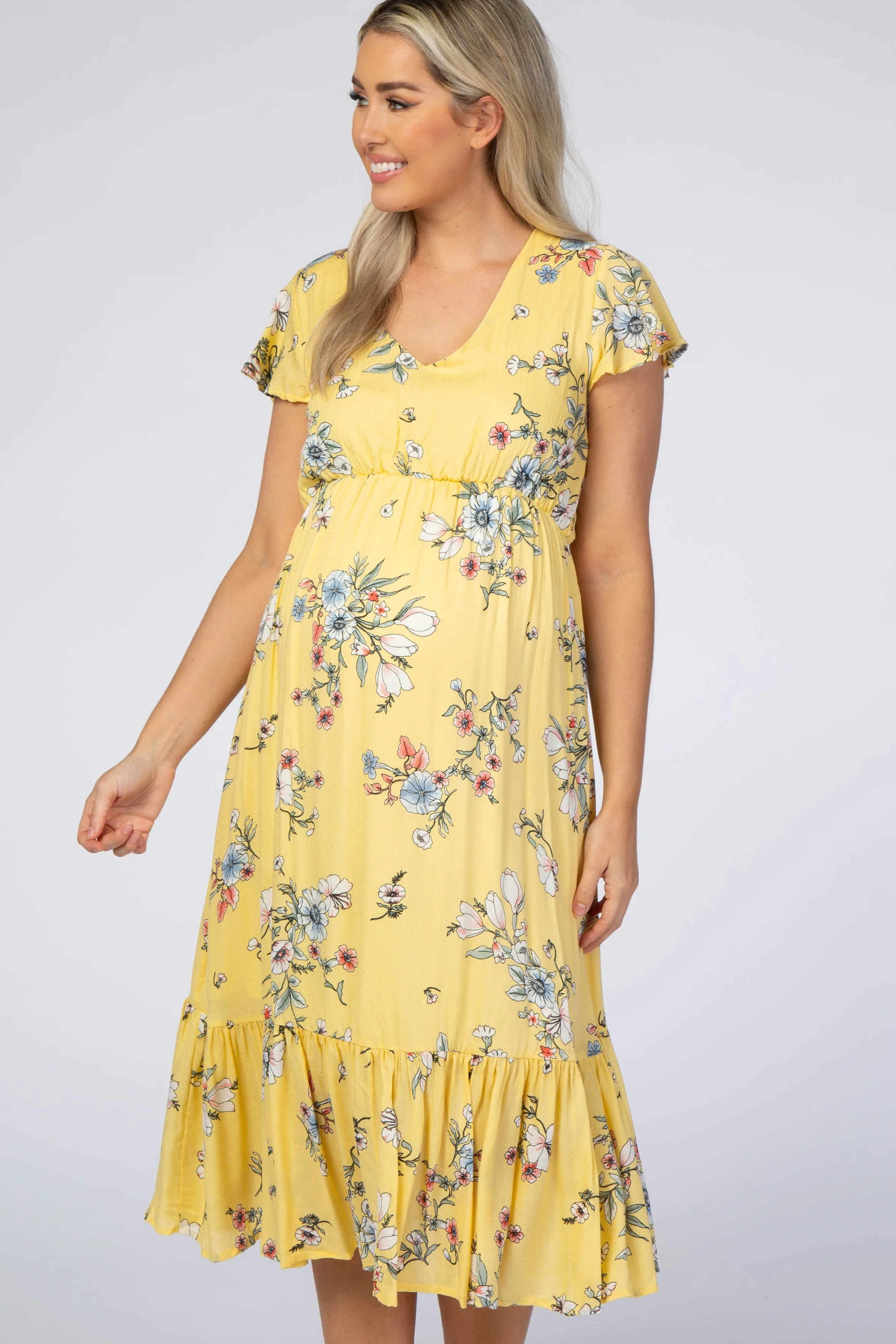 Yellow Floral Flounce Sleeve Midi Maternity Dress sold by Pinkblush product image thumbnail 4
