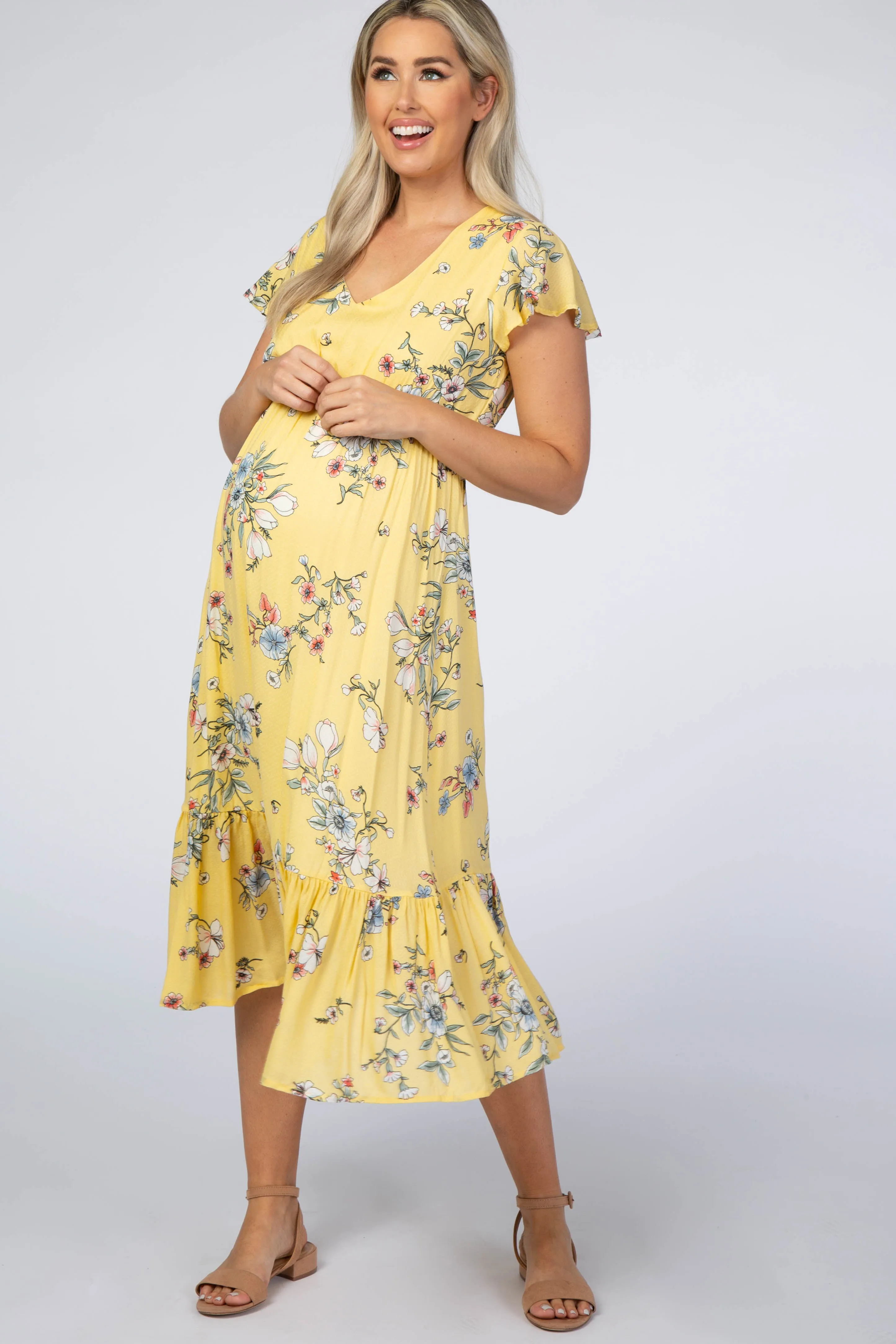 Yellow Floral Flounce Sleeve Midi Maternity Dress sold by Pinkblush
