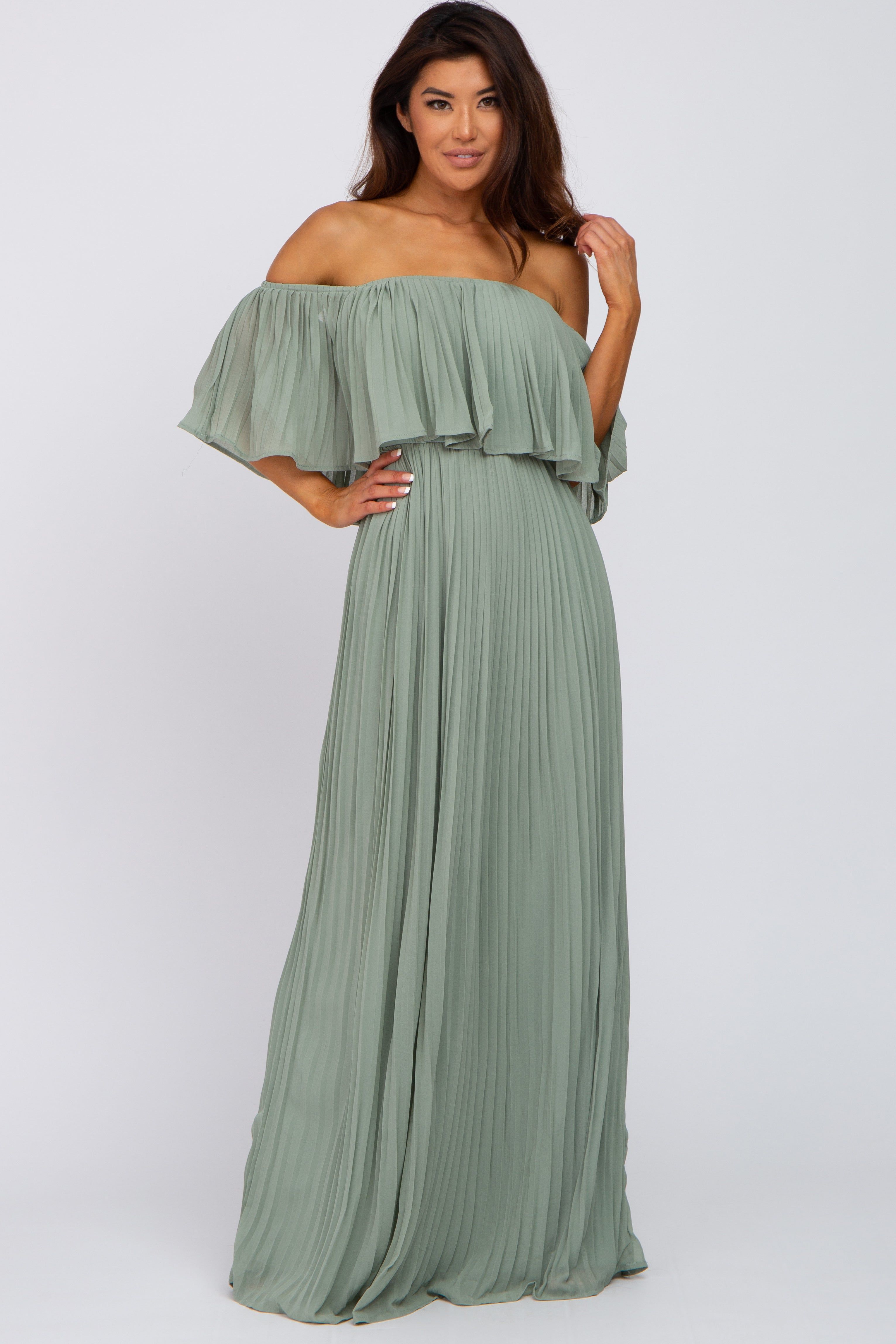 Light Olive Chiffon Pleated Off Shoulder Maternity Maxi Dress sold by Pinkblush product image thumbnail 4
